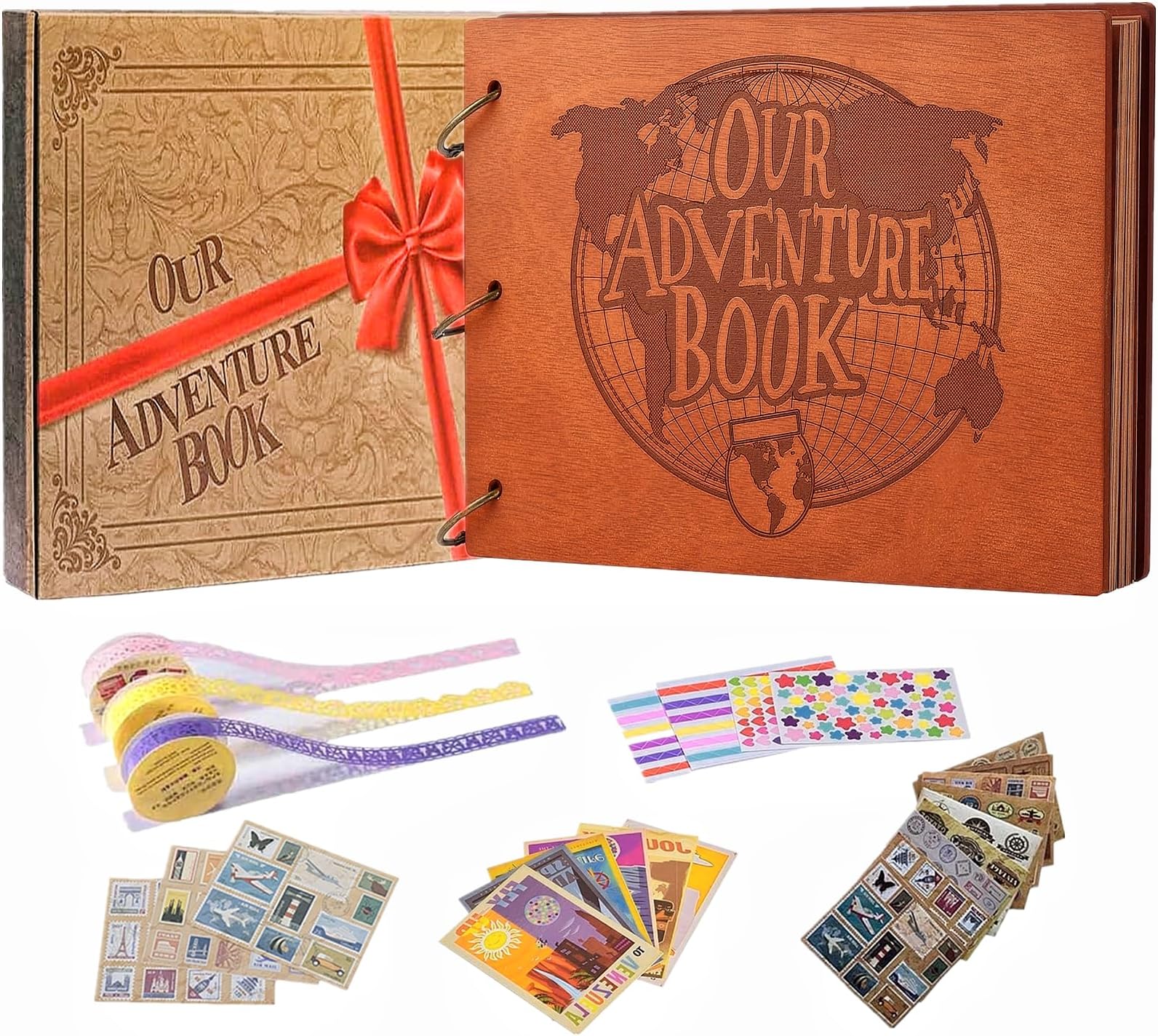 Our Adventure Book 3D Wooden Cover Scrapbook - 11.92 x 7.62" Timeless Memory Journal for Unforgettable Adventures & Precious Moments - Ideal for Anniversaries, Travel & Couple Gifts (Adventure Book)