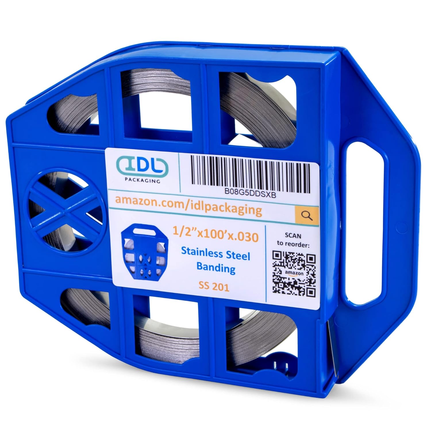 IDL Packaging 1/2" x 100' x .030" Stainless Steel 201 Banding in Plastic Self-Dispensed Case - Highest Break Strength and Shock Resistance Banding - Excellent for Extra Cold Environments