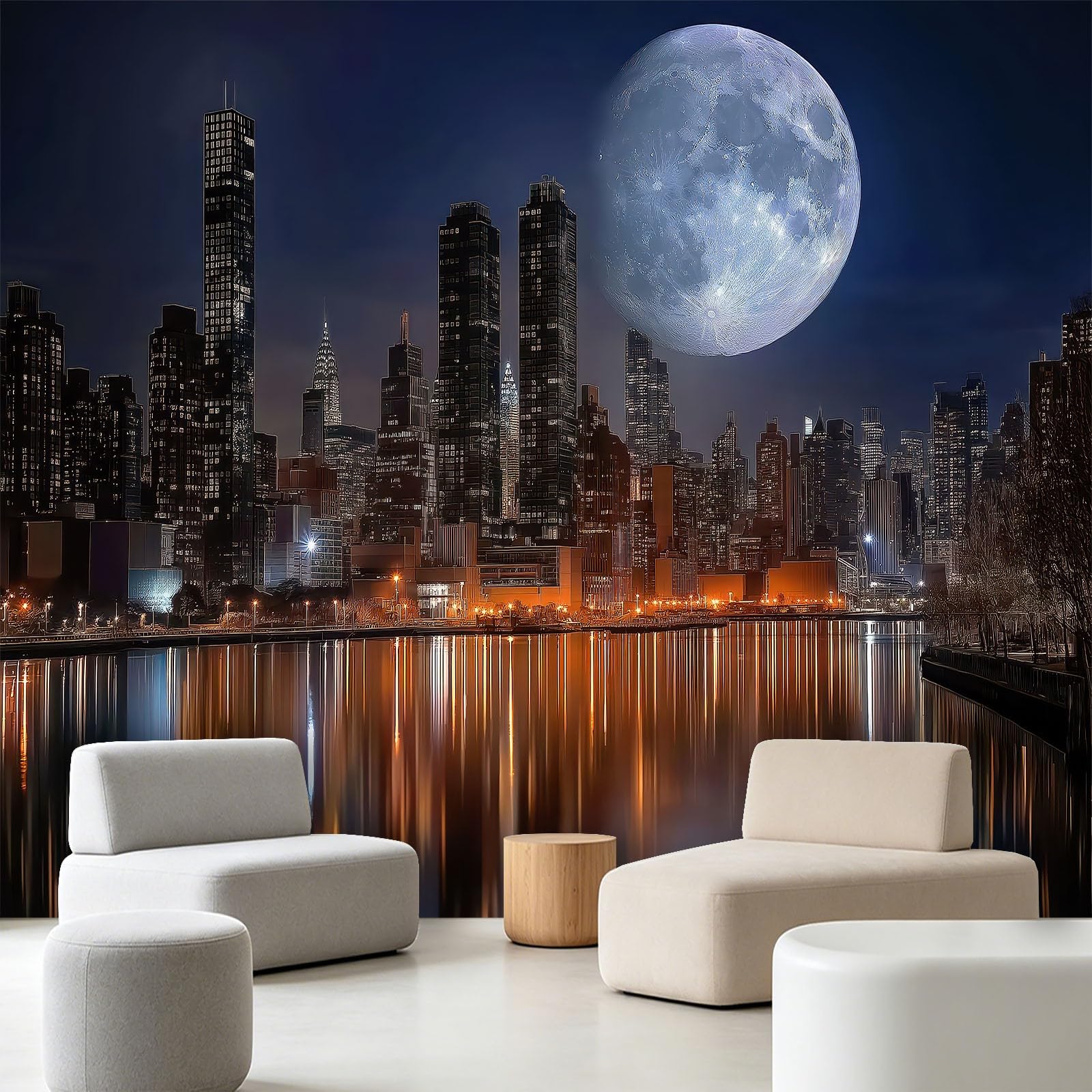 Księżyc Nowy Jork nocna scena fototapeta 200 x 140 cm (szer. x wys.) nowoczesna miejska fototapeta do dekoracji ścian przedszkola, dekoracja salonu i kuchni