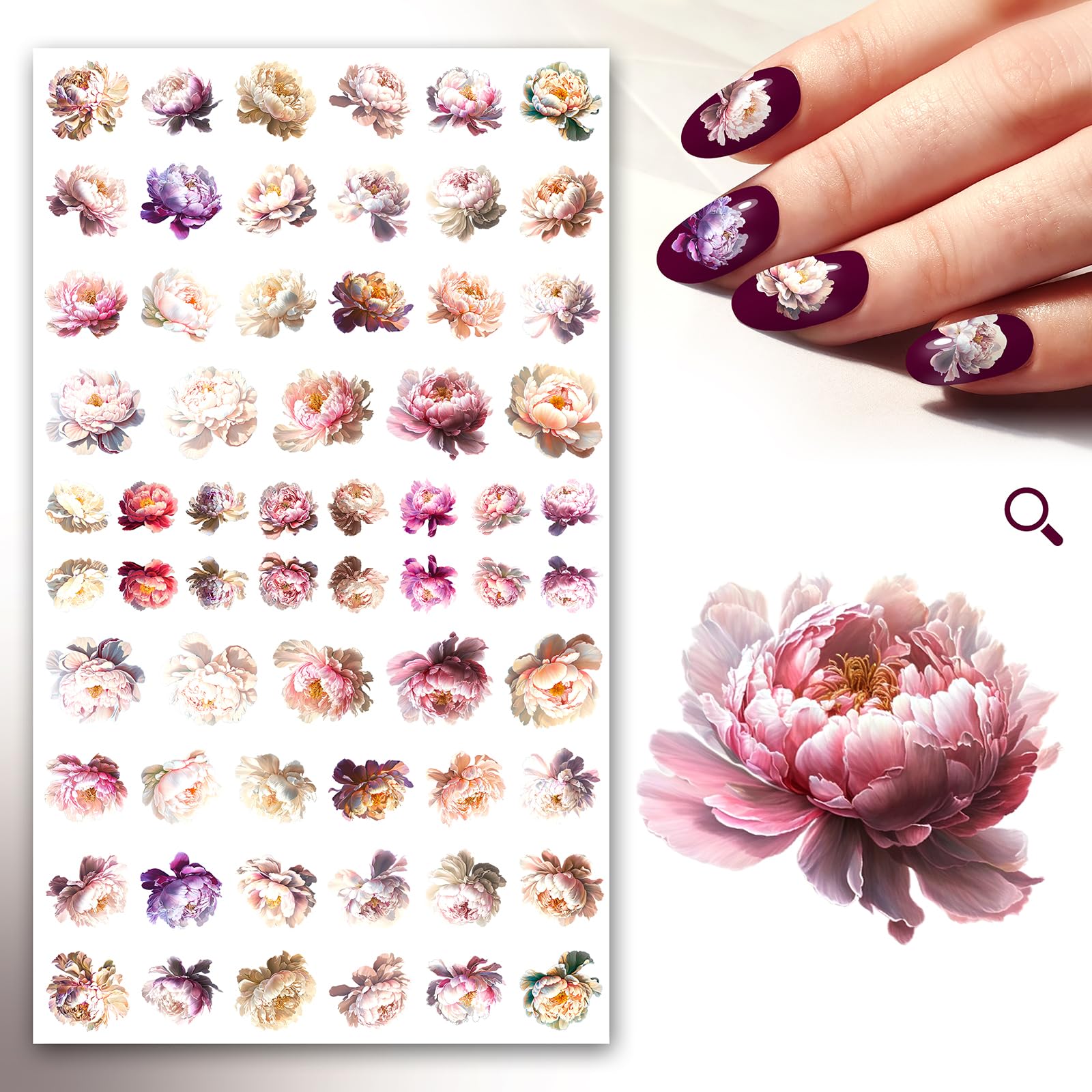 Nail Stickers Decals (5 Sheets) FLONZNAIL White and Light Pink Peony Flower Heads Vintage Styled Nail Decor