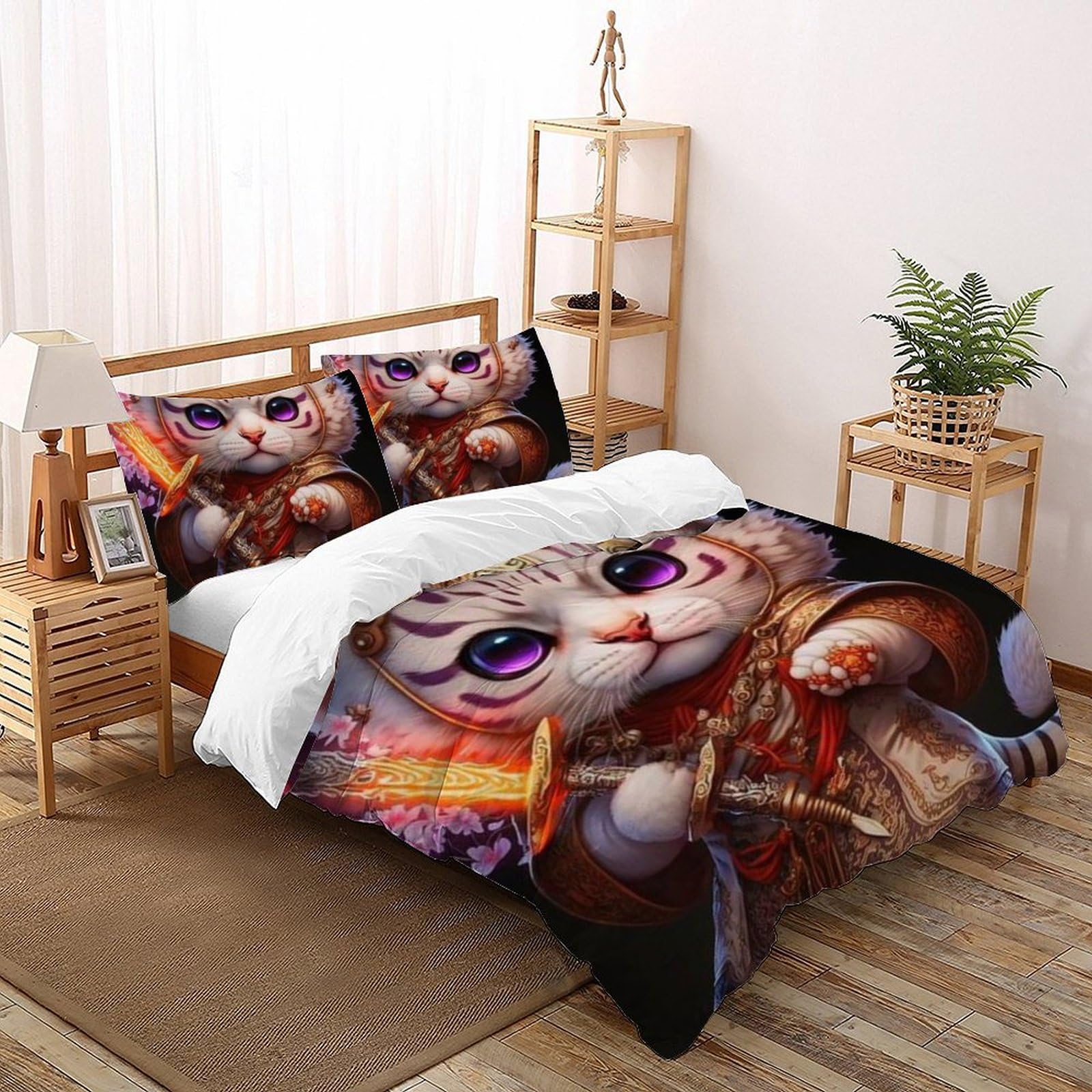 Housse de couette chat épéiste fermeture éclair 200x200cm anti-pli pour lit fille
