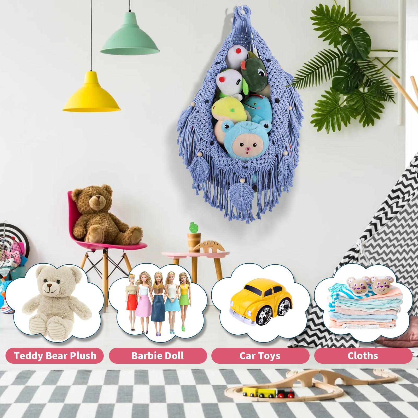 Stofftier-Hängematte, Boho-Blattquasten, Eckspielzeughalter, Wandmontage, Hängenetz-Organizer für Kinderzimmer, Dekoration, Plüschtiernetz mit Lichterkette für Jungen und Mädchen, Himmelblau