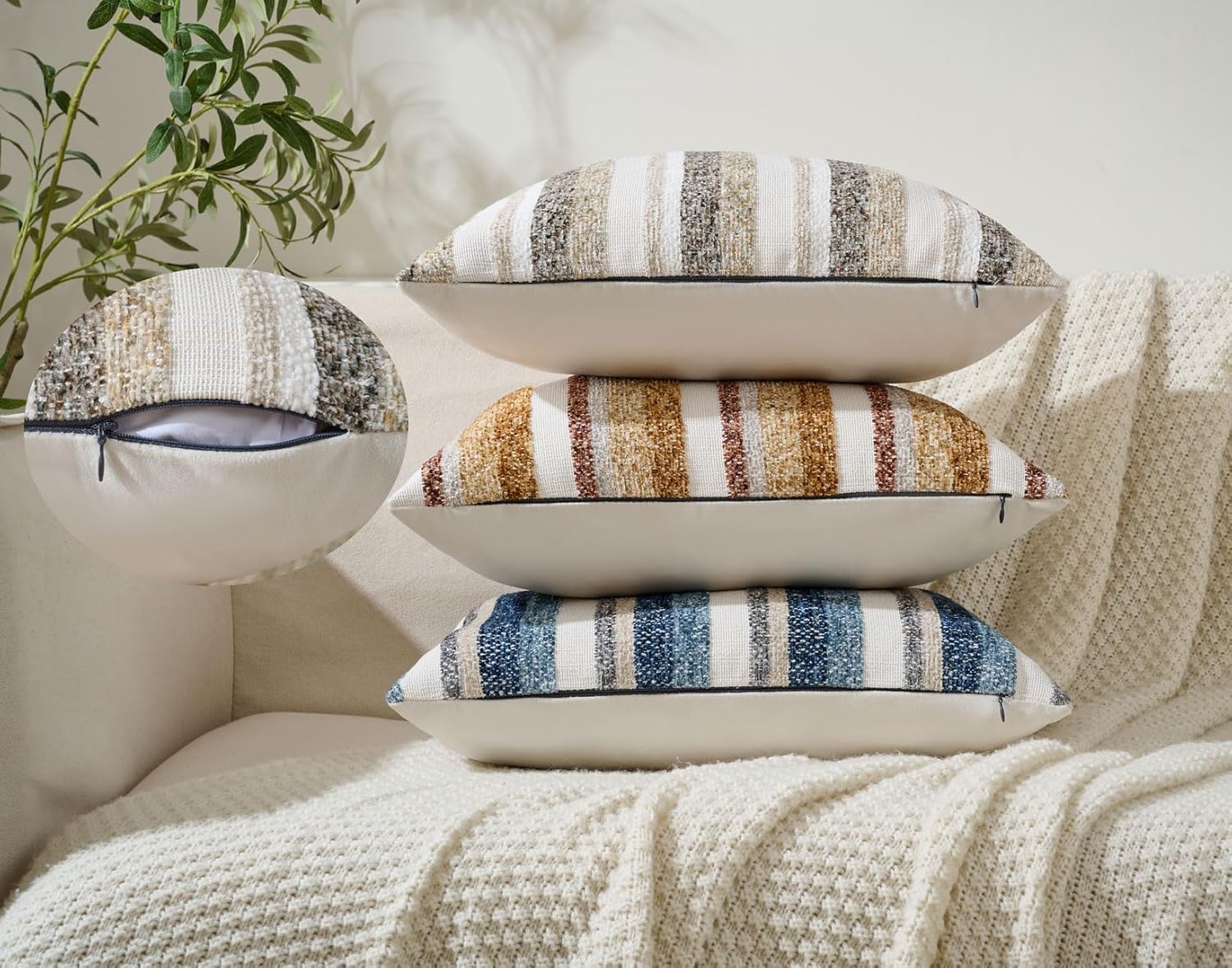 Zealax Modern Farmhouse Decorative Lumbar Pillow Covers 12x20 Inch Boho Throw Pillows Neutral Soft Chenille Couch Cushion Covers, Set of 2 Velvet Striped Accent Pillows Cases for Sofa Bed, Beige