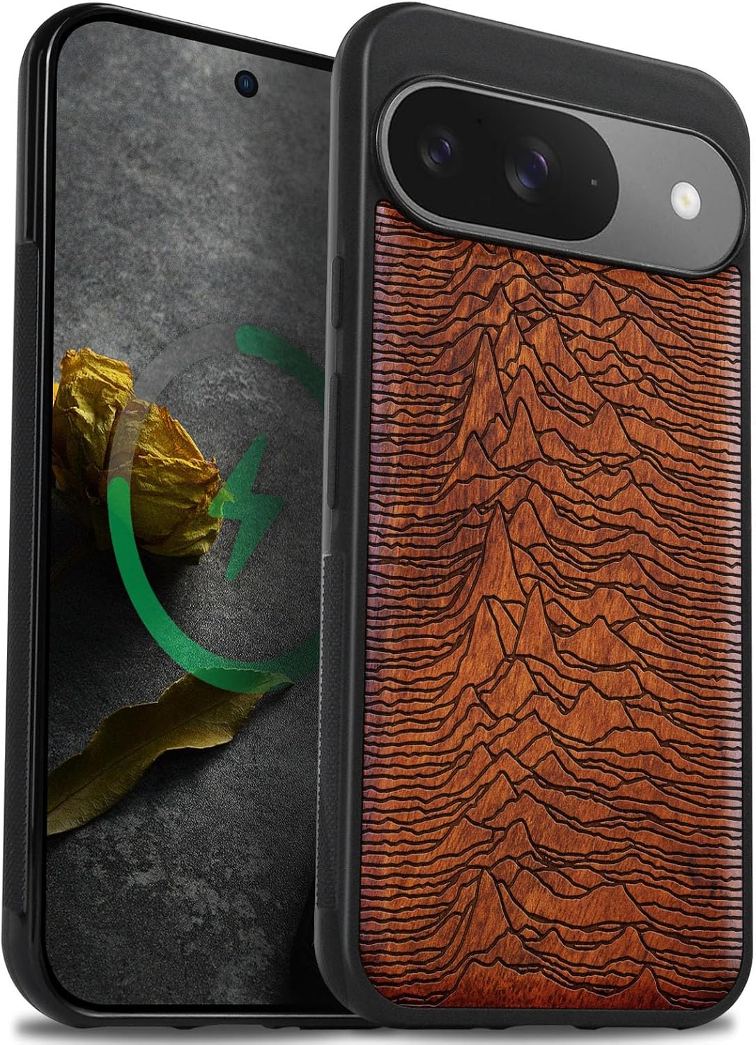Carveit Magnetic Wooden Case for Google Pixel 9 Case, Wood Artisan Engraved & Soft TPU Shockproof Cover, Compatible with MagSafe Wireless Chargers (Unknown Pleasures) Rosy