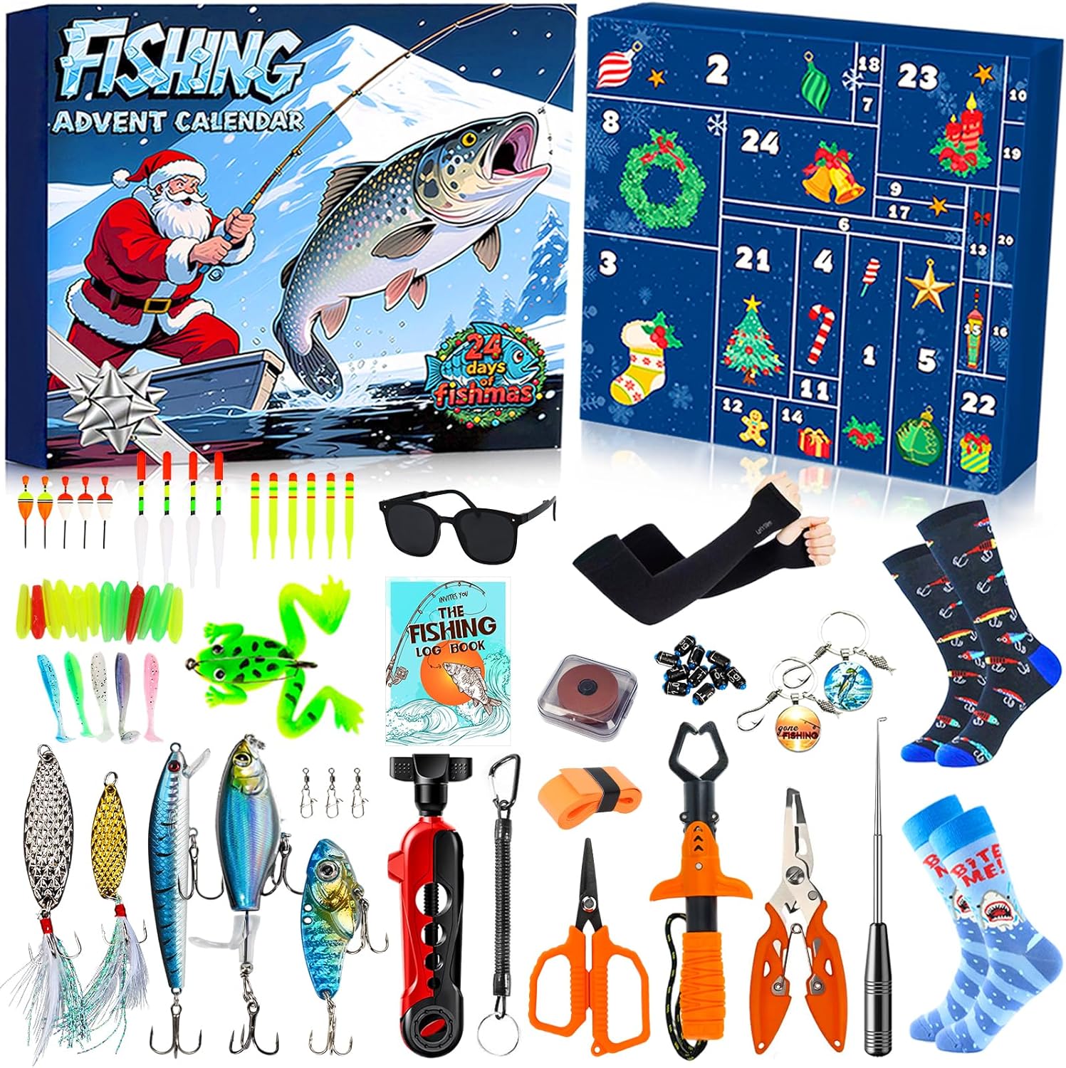Fishing Advent Calendar 2025 for Adult Men and Teen Boys, 24 Days of Fishing Tackle Advent Calendar, Christmas Countdown Gift with 24 Fishing Lures & Gear Surprises for Fish Lovers, Father, Husband, Boyfriend(Includes 24 Boxes)