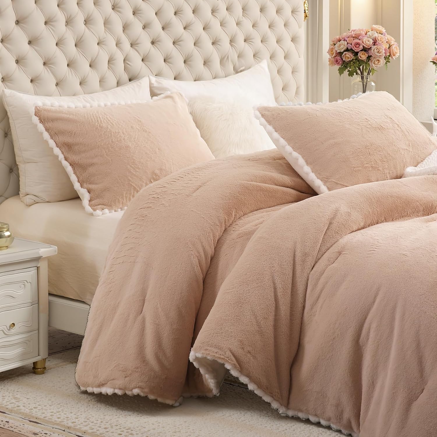 Taupe Faux Fur Comforter Fluffy Pom Pom Bedding Set White Balls Fringe Decorative Bedding Super Soft Cozy Plush Shaggy Comforter Set Queen Size