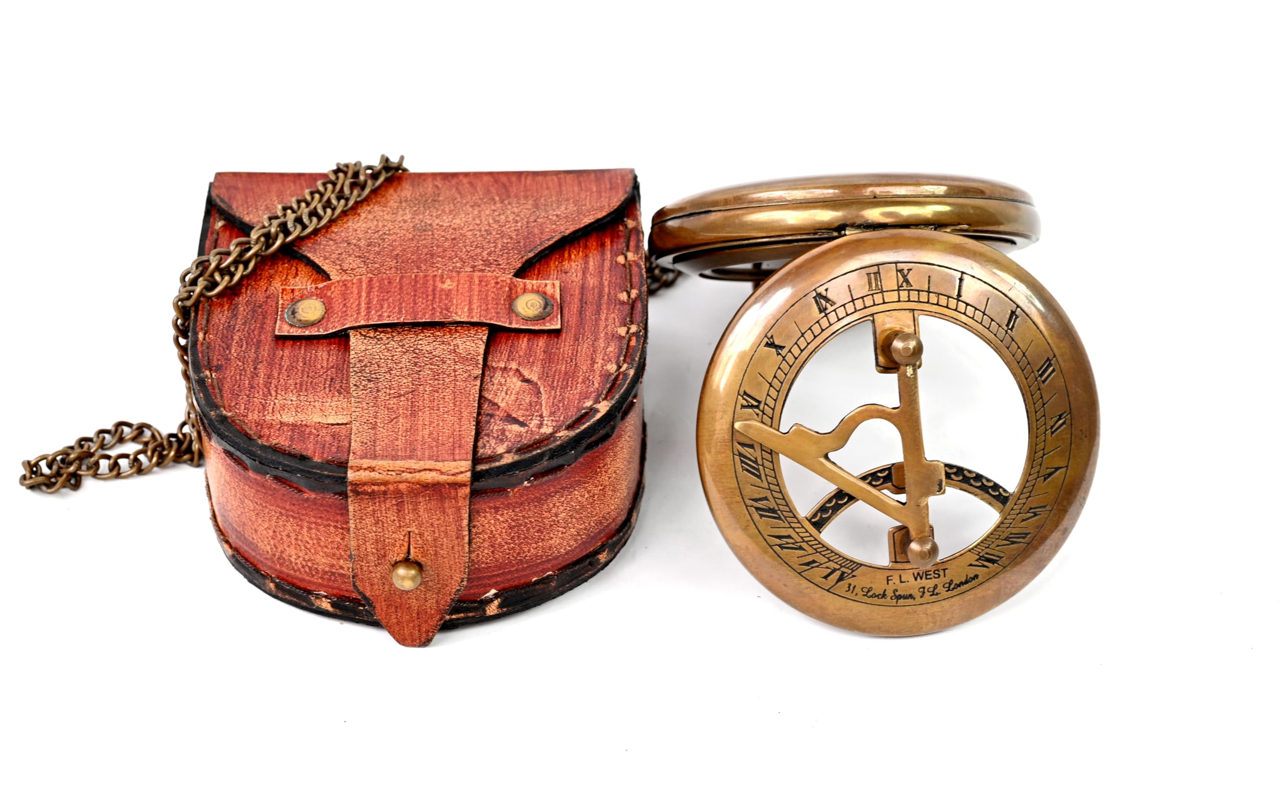 Boussole à cadran solaire en laiton antique noir 7,6 cm avec étui en cuir - Collectibles