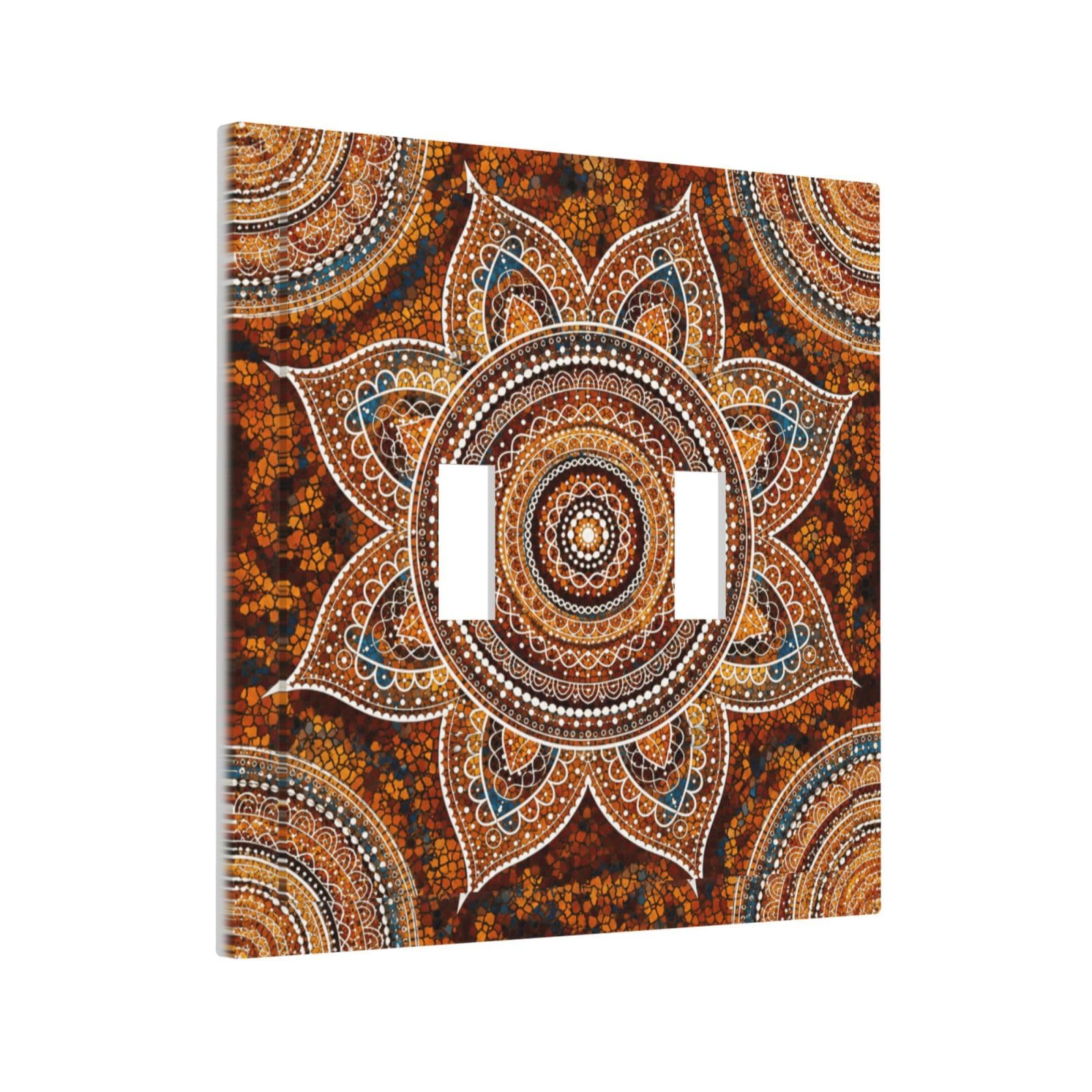 Xuejiaku Boho Orange Brown Teal Ethnic Mandala Decorative Light Switch Cover Plate 2 Gang Outlet Covers Double Toggle Wall Plates For Electrical Switch Plate Covers Faceplate For Bedroom Home Decor