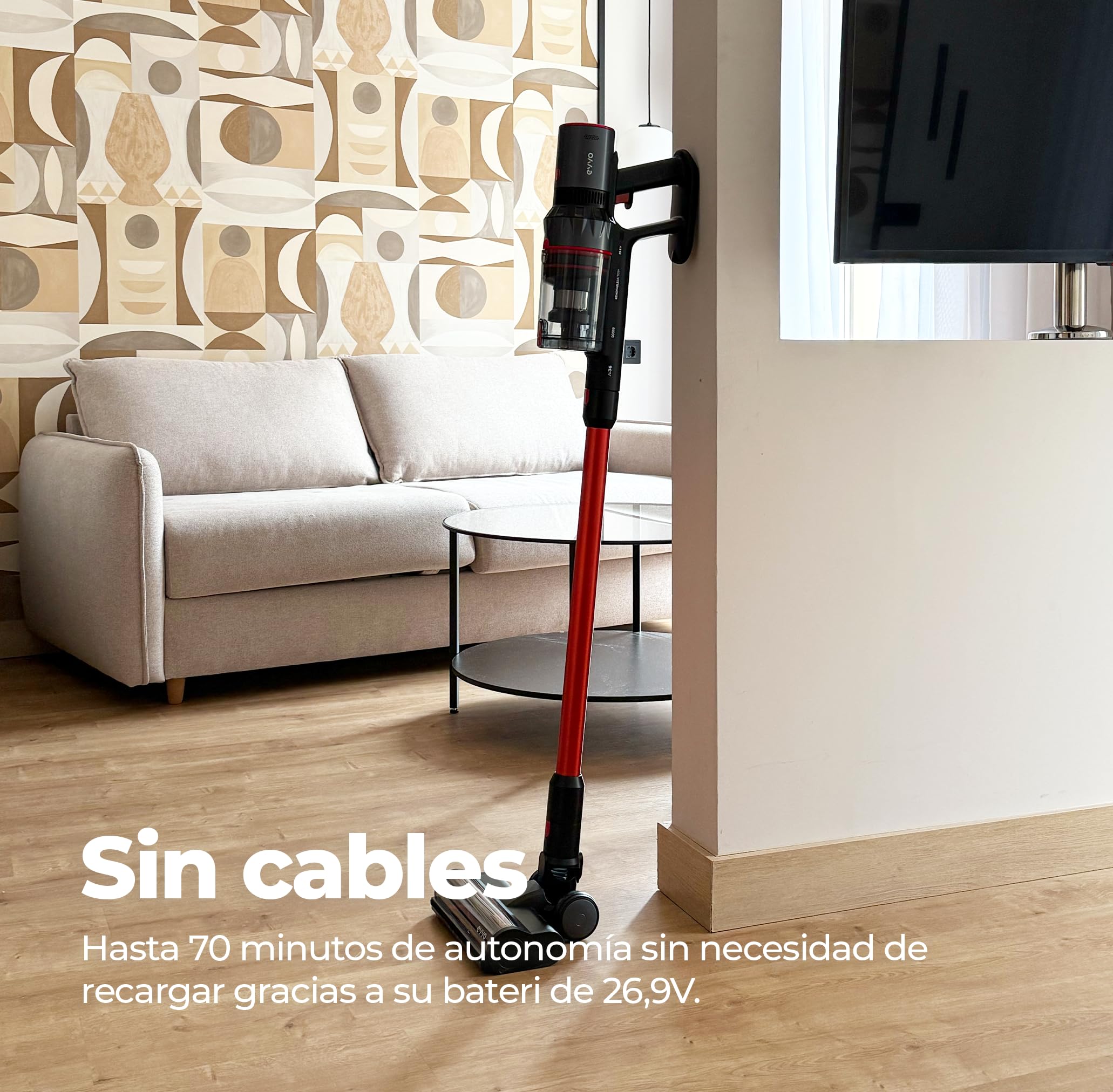 EVVO Aspiradora sin Cable, Batería de 29,5 V, Potencia de succión de 150 AW, hasta 70 Minutos de Autonomía, Múltiples Accesorios, Cepillo multifibras con iluminación LED (Ai36)
