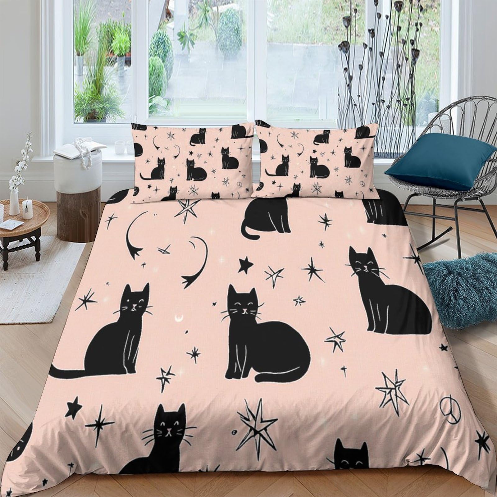 Ctjqhvkz Style-5 3D Printed Black Cat Moon Fitted Sheet Microfiber Soft Pink Star Mattress Cover For Bedroom Guest Room Decor Single（135X200cm）