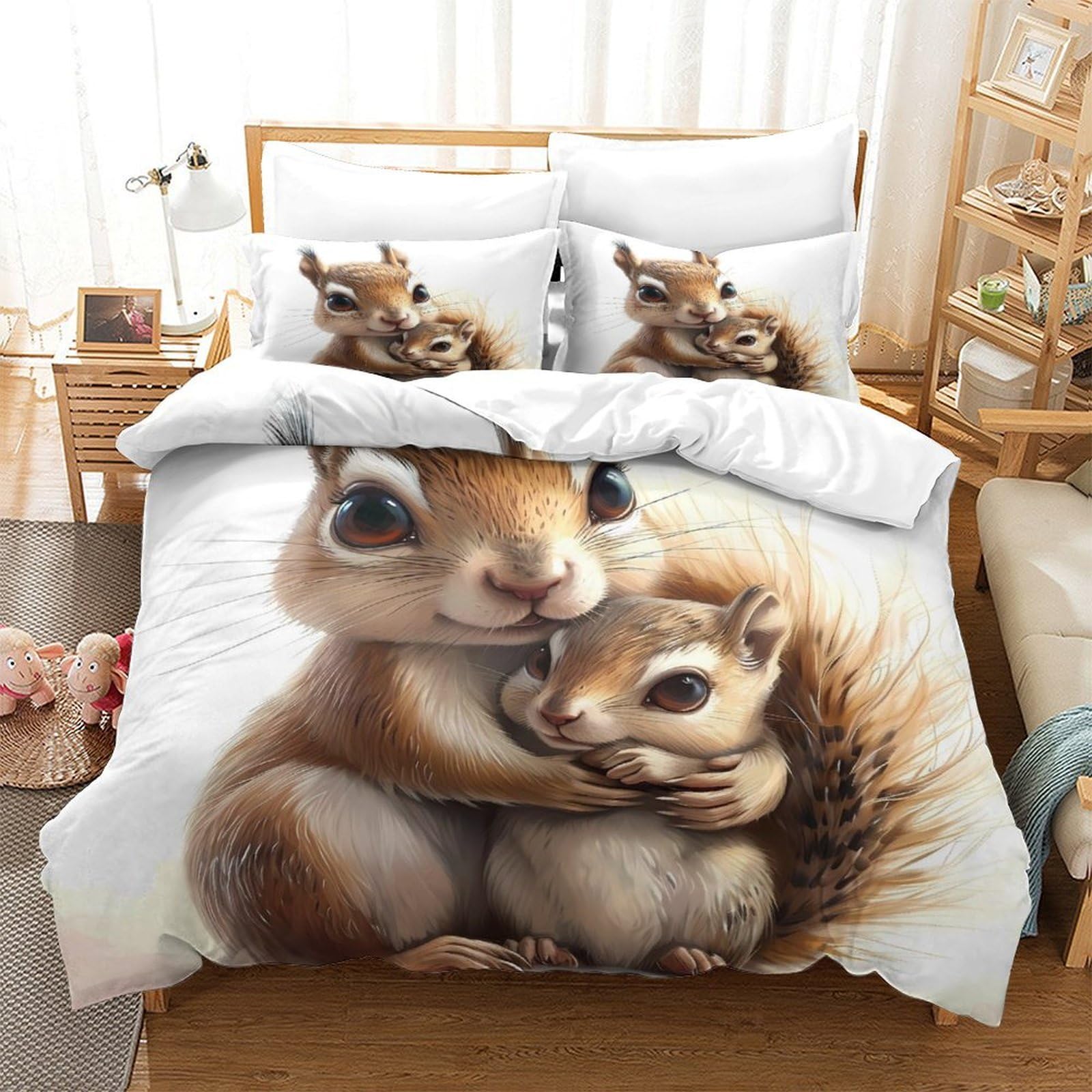 Abbraccio carino dello scoiattolo 3D Stampa Coperteletto 3pz Microfibra Lavabile Digitale Coperteletto 2 federe Zip nascosta Arredo Camera Coppie Super king（260x220cm）