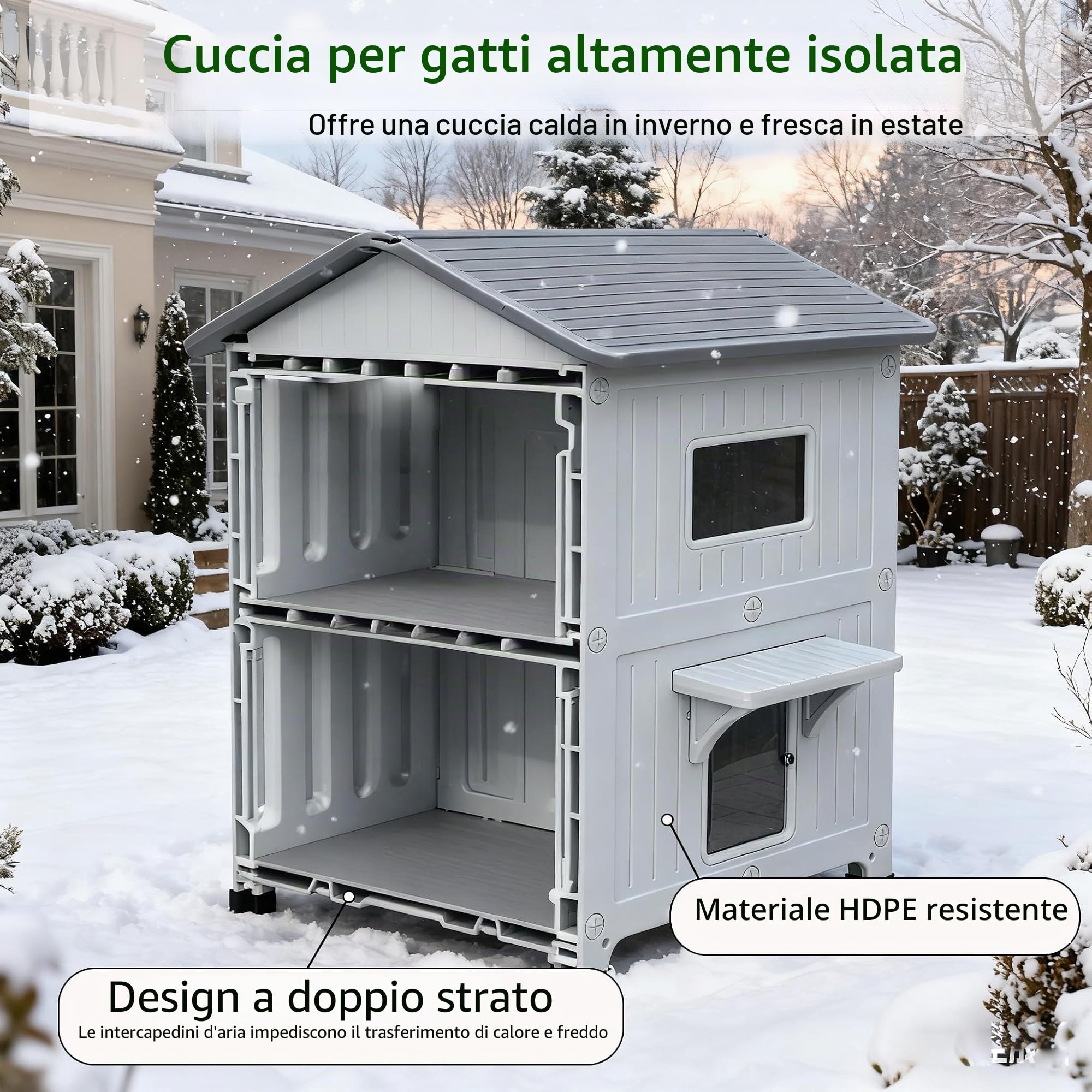 2 pezzi Casetta per gatti all'aperto con rivestimento isolato, case per gatti all'aperto in plastica rifugio per gatti all'aperto resistente alle intemperie con porta di fuga