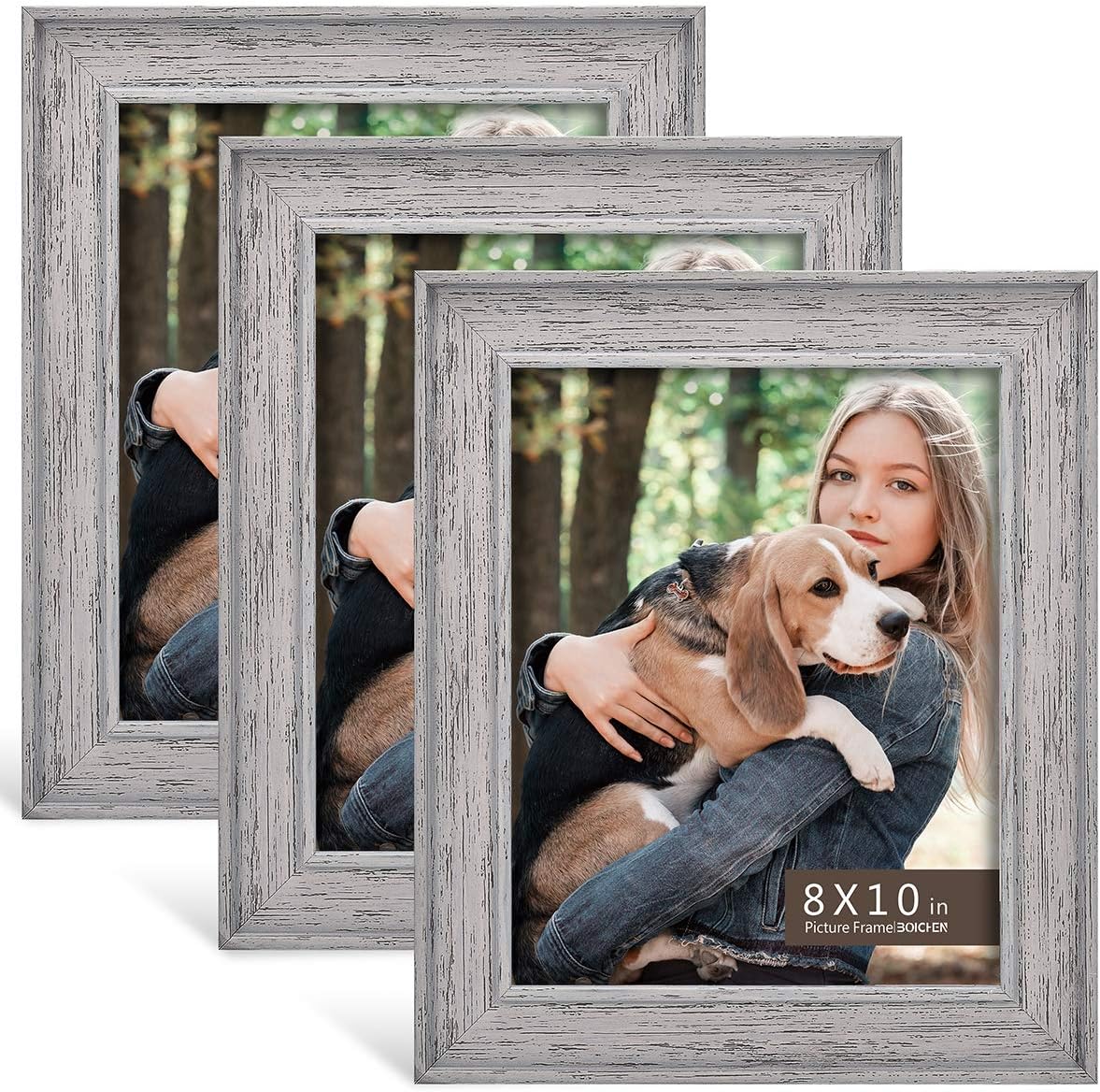 8x10 Picture Frame (3-Pack) - Rustic Farmhouse Gray Washed Distressed Frame - Photo Frame Set for Wall with Glass Cover Rotatable Backing Ready to Hang or Stand