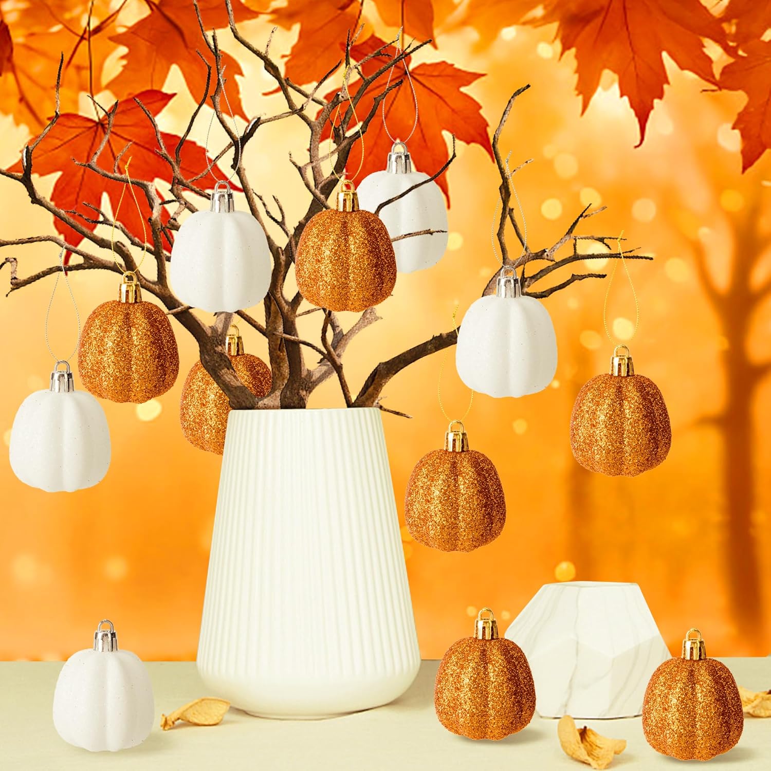 16 Pcs Fall Thanksgiving Pumpkin Hanging Ornaments- 2.2" x 1.8" Glitter Fall Pumpkin Tree Ornaments- Shatterproof Farmhouse Rustic Hanging Pumpkins Decoration for Autumn Thanksgiving Xmas Home Decor - Image 6