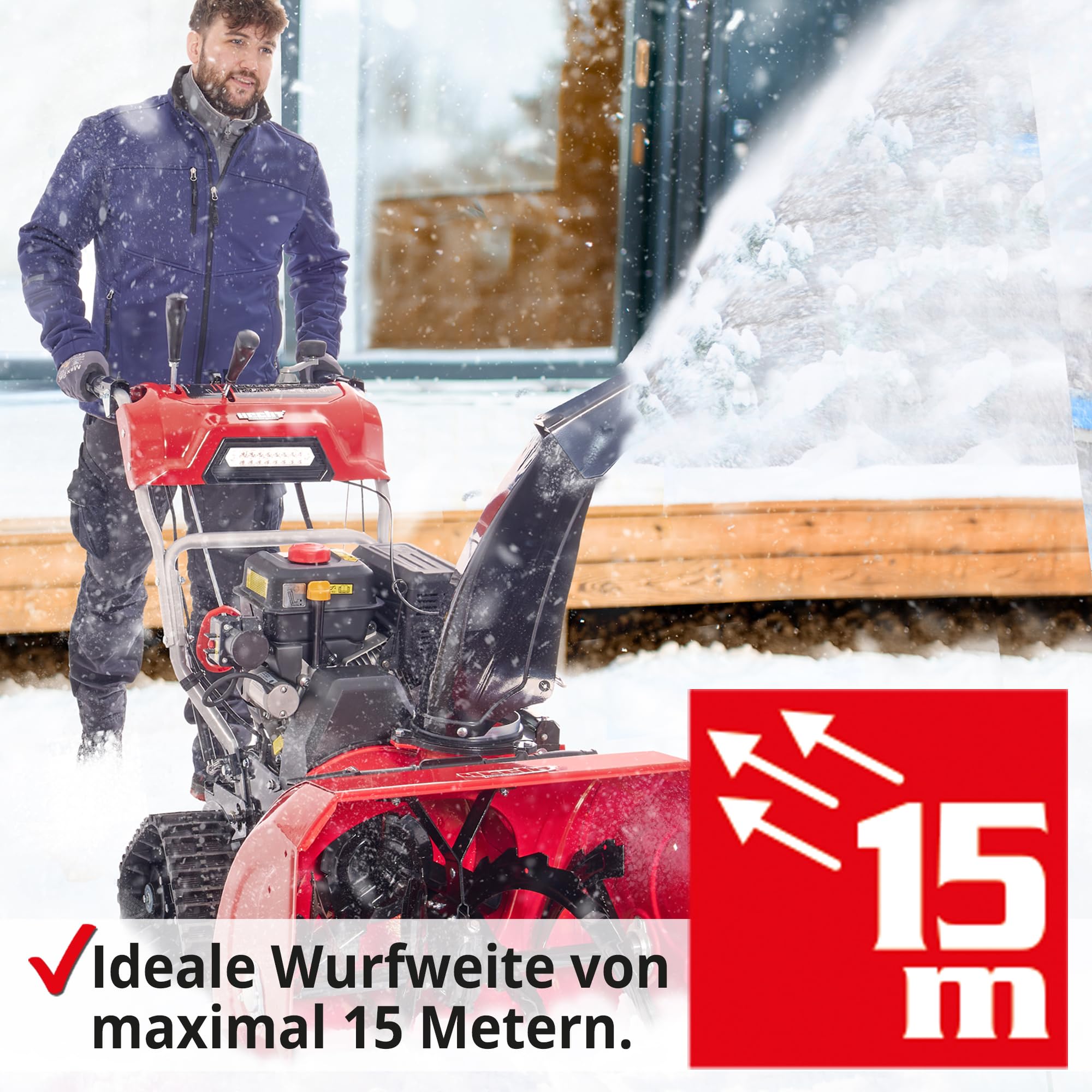 HECHT Benzin Schneefräse 66 cm – 2-stufig mit E-Start | 54 cm Arbeitshöhe, 15 m Auswurfweite, Raupenantrieb, 6 Vorwärts- & 2 Rückwärtsgänge, LED-Scheinwerfer & Griffheizung