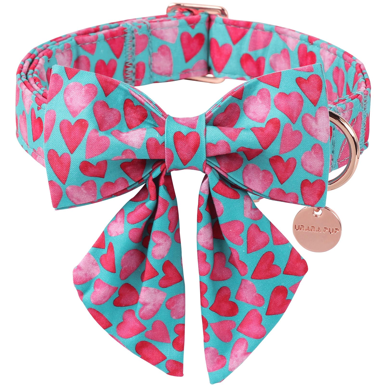 UP URARA PUP Valentine’s Day Dog Collar with Bow Tie, Pink Heart Bowtie Collar with Metal Buckle, Valentine’s Day Gift Pet Collar for Puppy Girl Boy