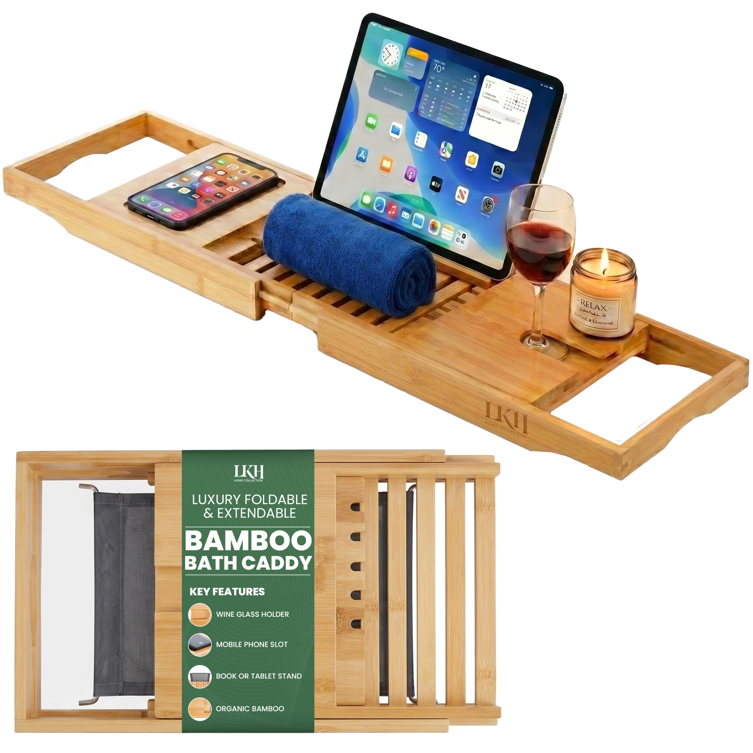 Lkh Home Collection Natural Wood Lkh Expandable Bamboo Bath Tray Caddy - Bathtub Rack With Wine Glass Holder, Mobile, Tablet & Book Stand - Retractable & Foldable Bathtub Organizer Fits Most Tubs