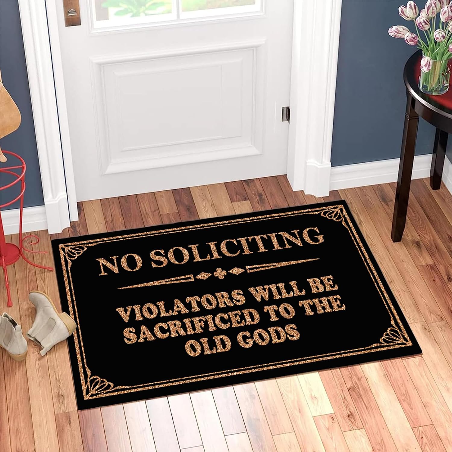 Welcome Doormat Funny Front Door No Soliciting Violators Will Be Sacrificed to The Old Gods Doormat Anti-Slip Mats Home Decor, Gift Door Mats for The Entrance Way Indoor 30"(W) X 17"(L)