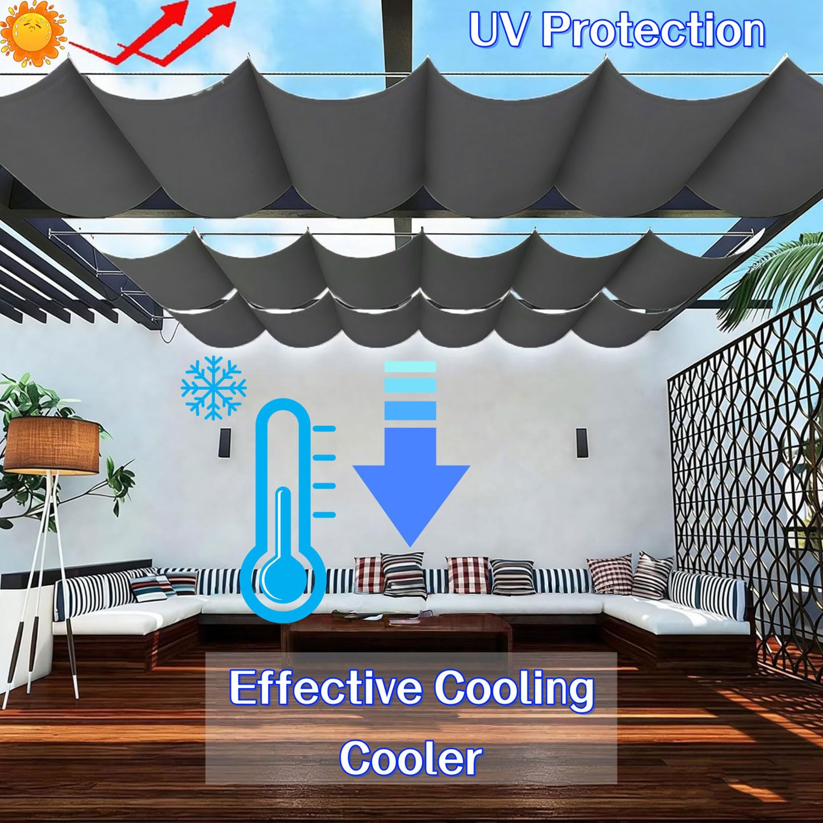 Einziehbar Welle Sonnensegel Verstellbar 100 x 400 cm Sonnenschutz Wasserdicht Verstellbar Welle Markisenstoff Inkl. Befestigungsseilen für Balkon Terrasse Garten Pool Camping, Dunkelgrau
