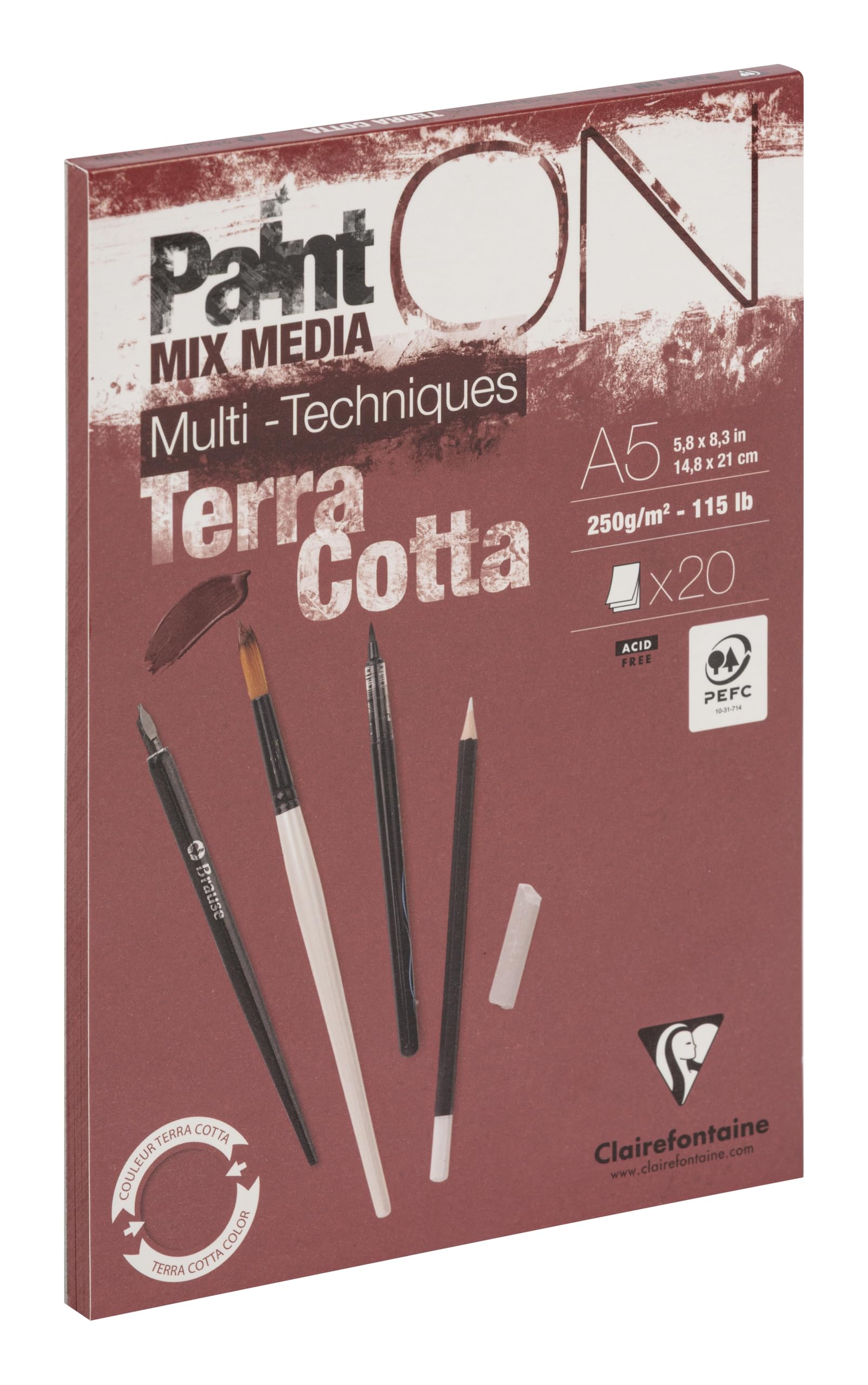 Clairefontaine 976152C PaintON Multi-Technique Terracotta A5 14.8x21 cm 250g - 20 Sheets Multi-Technique Drawing Paper with Slightly Rough Grain - Terracotta