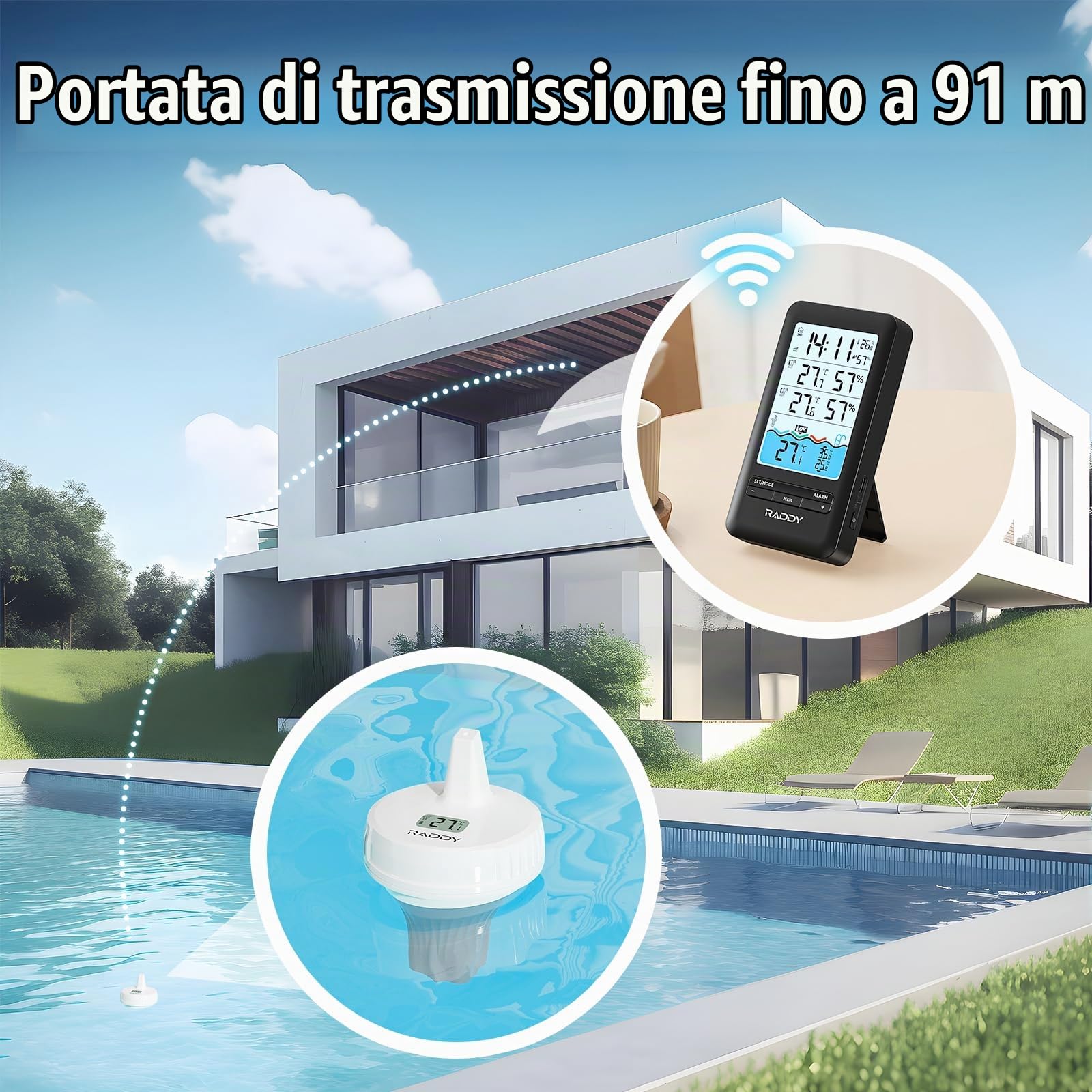 Raddy PT-3 Wi-Fi Termometro per piscina galleggiante, monitoraggio remoto tramite APP, Ampio display digitale di facile lettura, con 2 sensori aggiuntivi, per piscine interne ed esterne