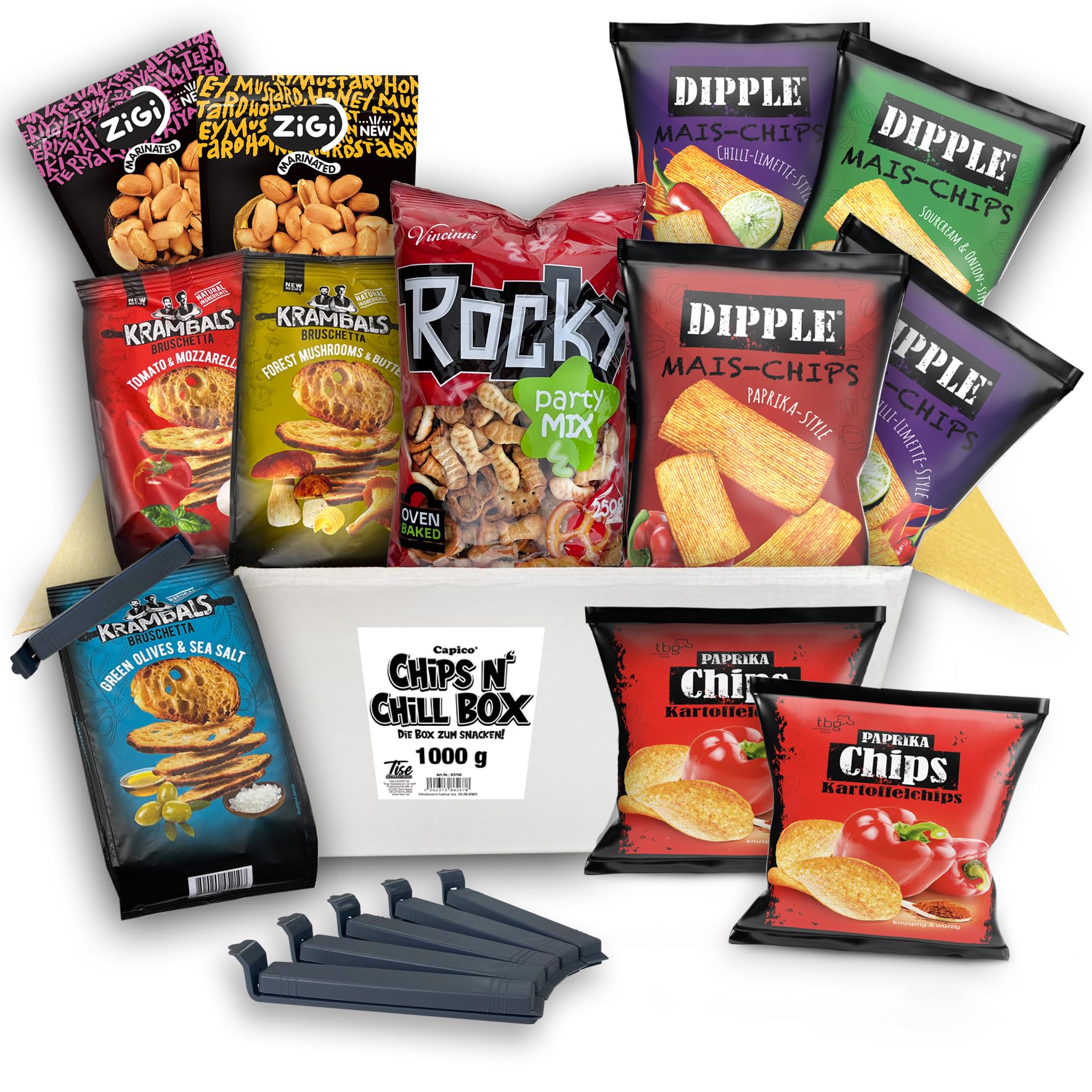 Chips n Chill Box - Die Box zum Snacken (1Kg /12 Teile) inkl. Tütenclips