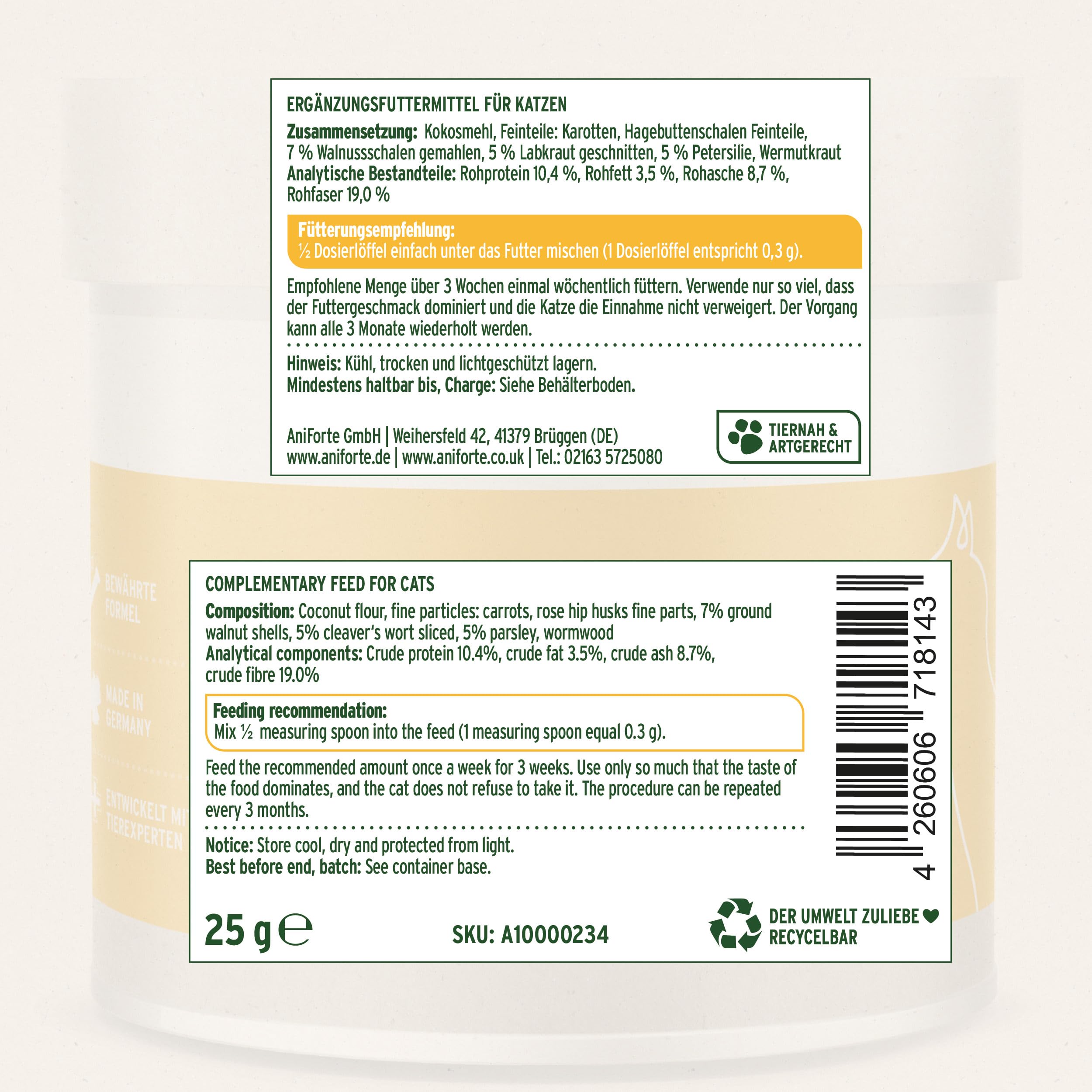 AniForte WermiX Poudre pour Chats 25g - Produit Naturel Avant, Pendant et après Une infestation de vers avec des saponines, de l'absinthe, des Herbes Naturelles harmonisent l'estomac et l'intestin