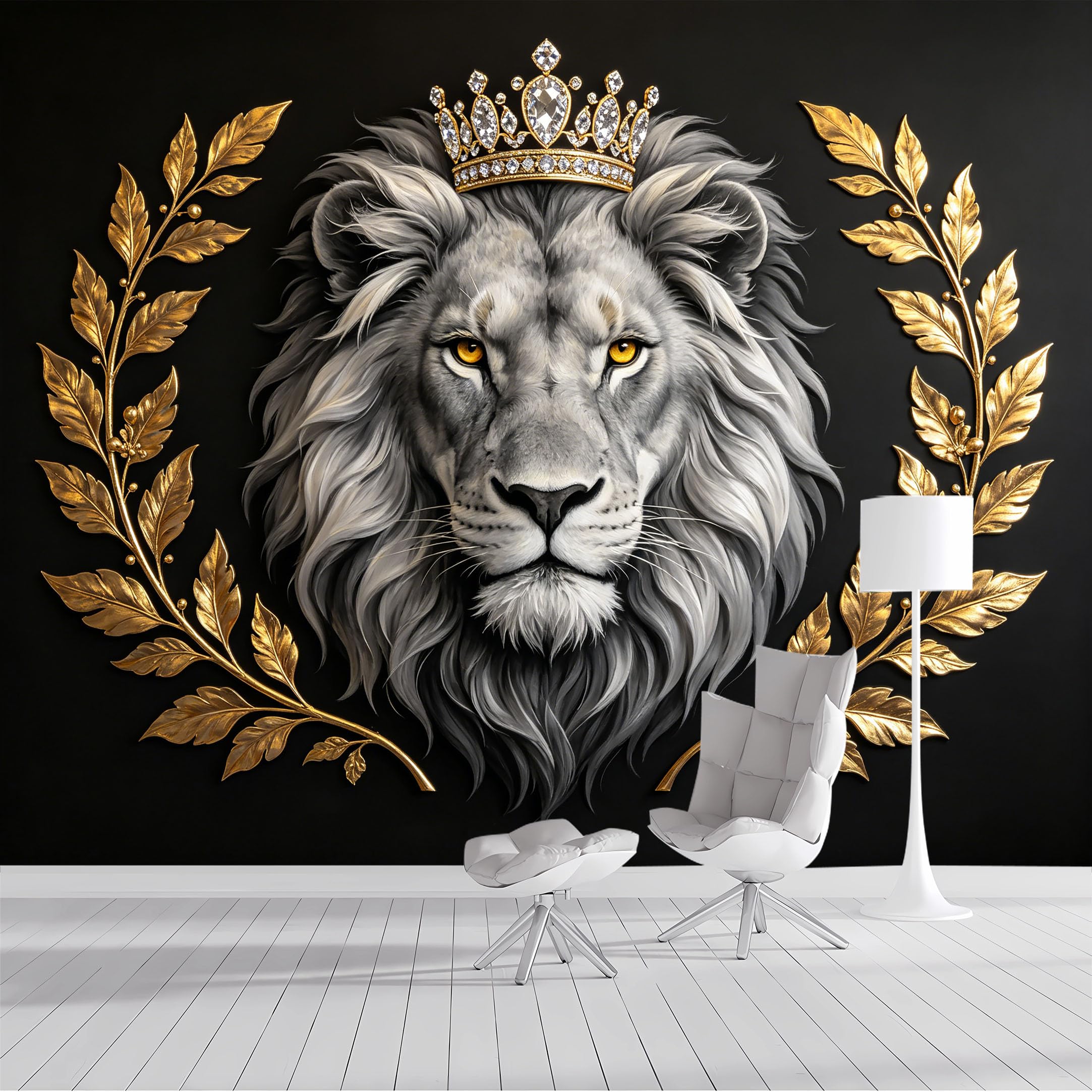 Custom Size Wall Mural Regal Lion Crown Baroque Golden Leaves Art Deco SelfAdhesive Wall Fabric Removable Peel and Stick Wallpaper Wall Decor for Living Room Bedroom Bathroom