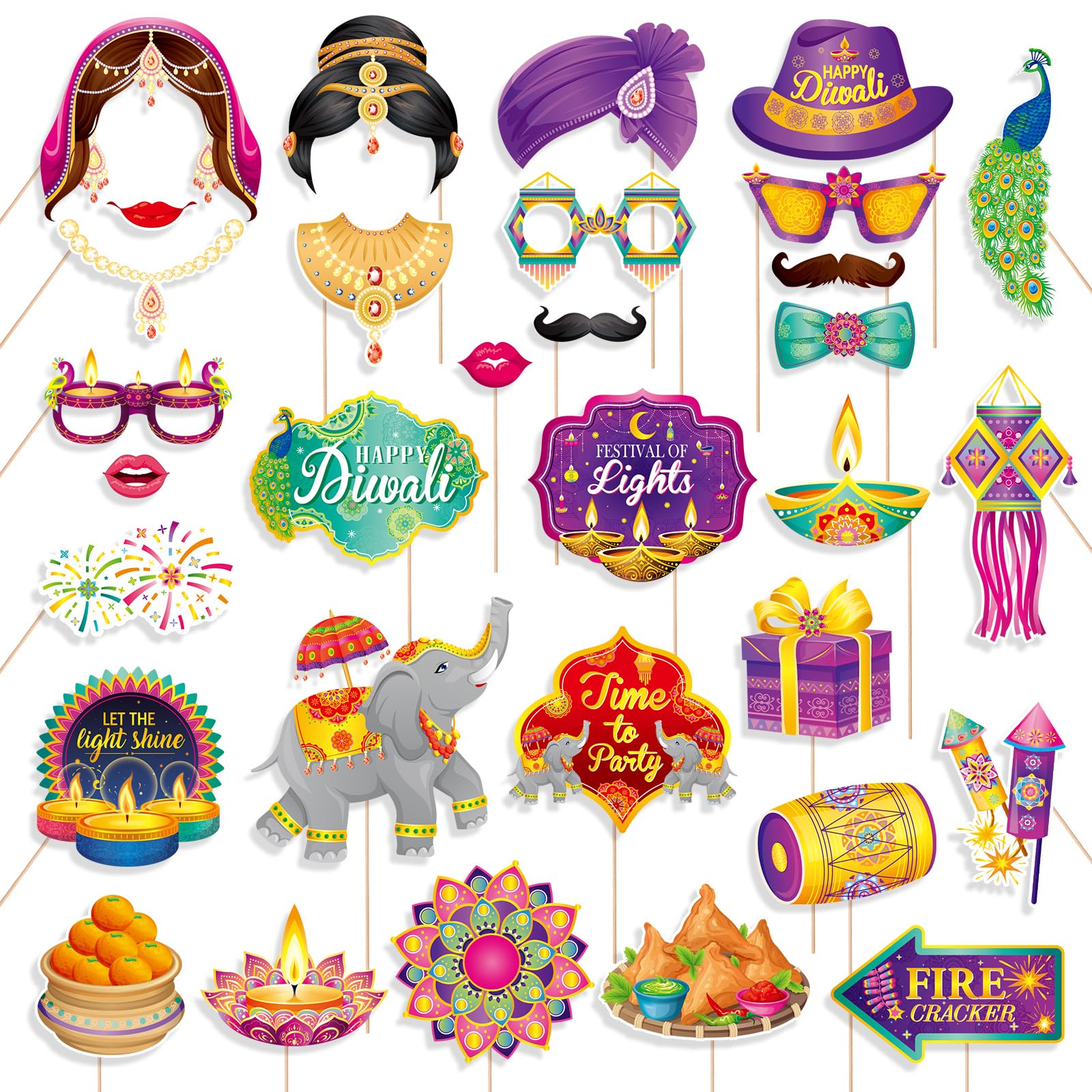 Accessoires photomaton Happy Diwali Konsait (lot de 32 pièces) pour décoration de fête indienne
