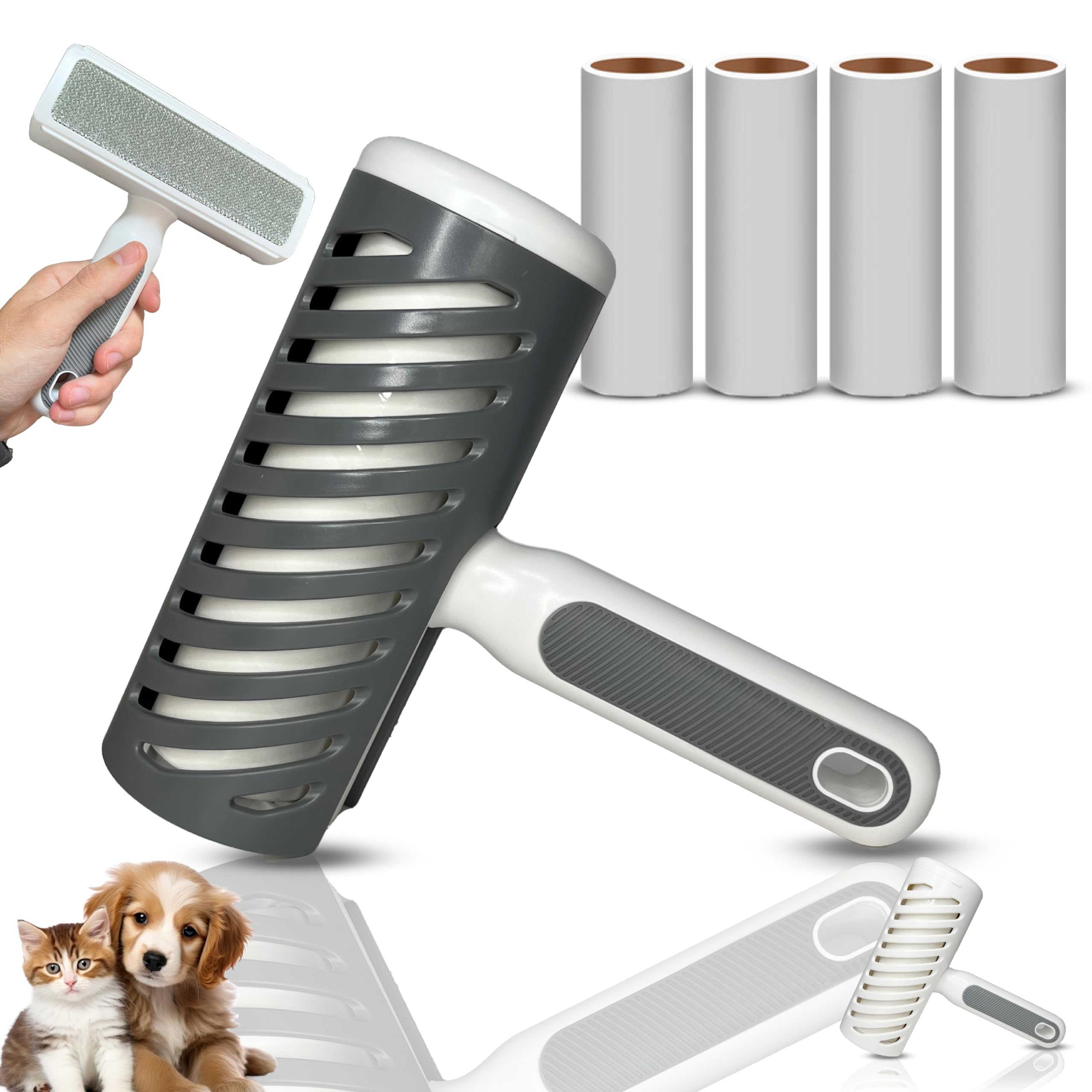 Rodillo Quitapelos Mascotas 2 en 1 Cepillo, Quitapelusas Ropa, Perros Accesorios, Gatos Accesorios, 1 Mango + 5 Rollos Quitapelos Mascotas ExtraGrandes 300 Hojas, Rodillo Quitapelusas (Negro)