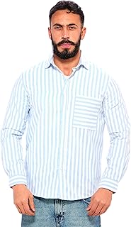 ريفين قميص مخطط فريد باكمام طويلة للرجال - ازرق سماوي وابيض عصري