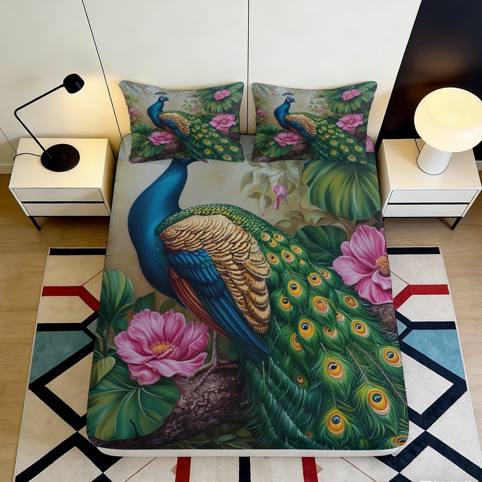 Jqzkxnhpbr Style-7 3D Printed Peacock Flower Fitted Sheet Microfiber Soft Anti-Slip Mattress Cover Bedroom Dorm Decoration 90X200x25cm