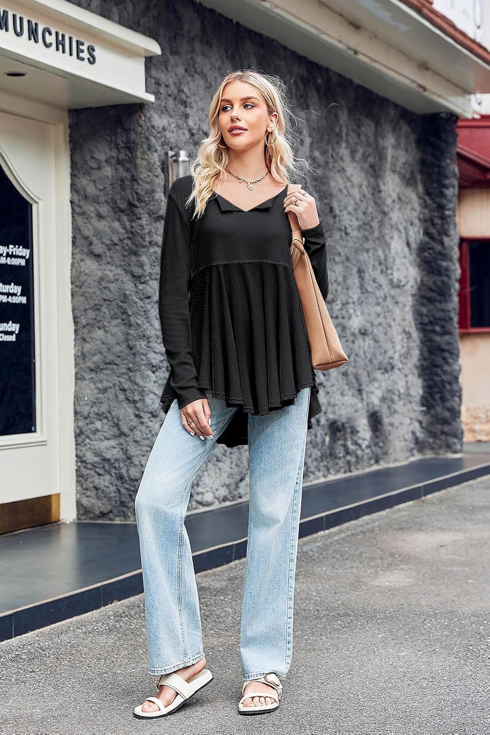 Tankaneo Womens Babydoll Tops V Neck Long Sleeve Shirts Peplum Tunic Top Flowy Work Casual Blouses Loose Fit 2024 - Image 6