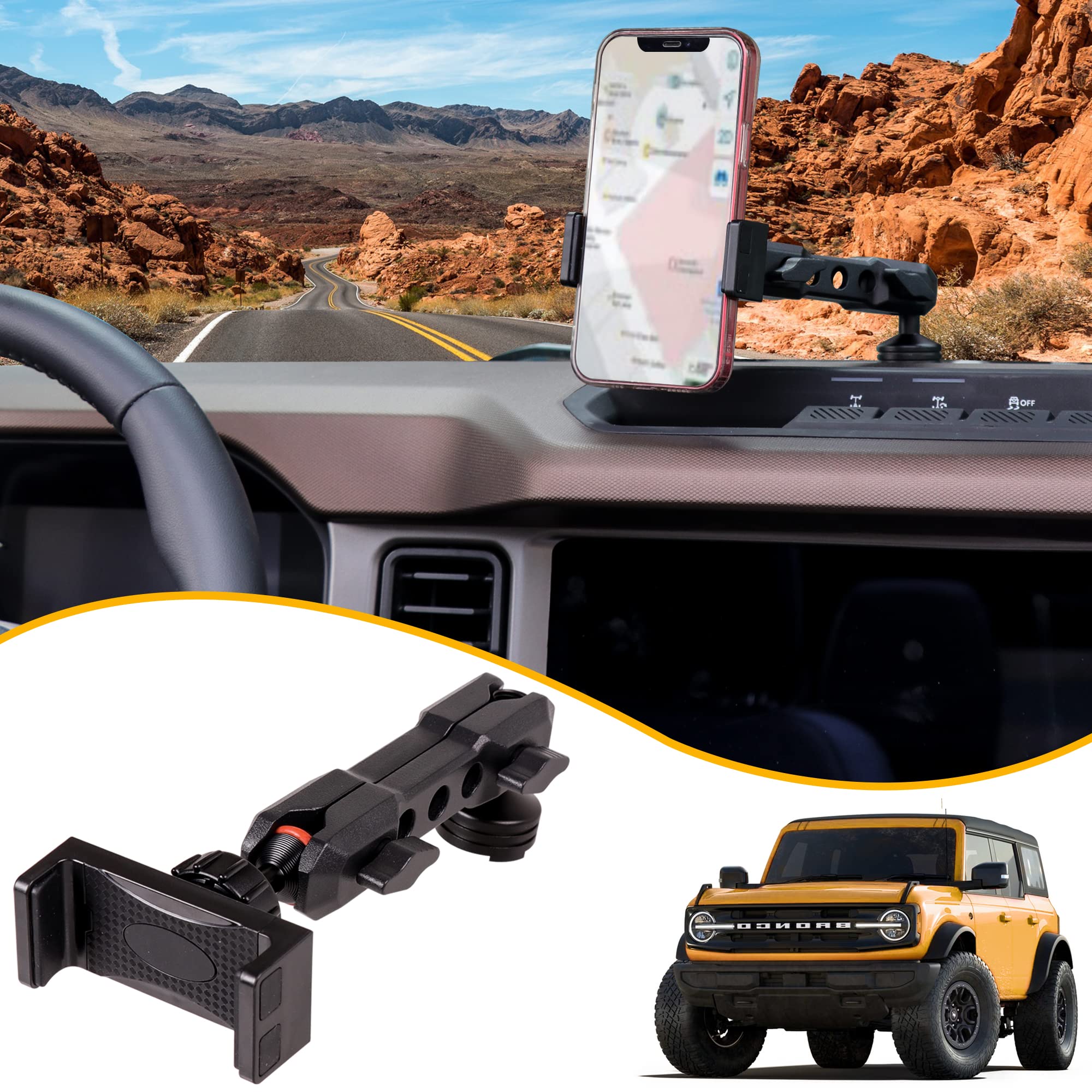 BESTAOO Dash Phone Holder, 360° Adjustable Aluminum Console Mount Phone Stand for Ford Bronco 2021 2022 2023 2024 2025 2/4 Door Accessories(Standard)