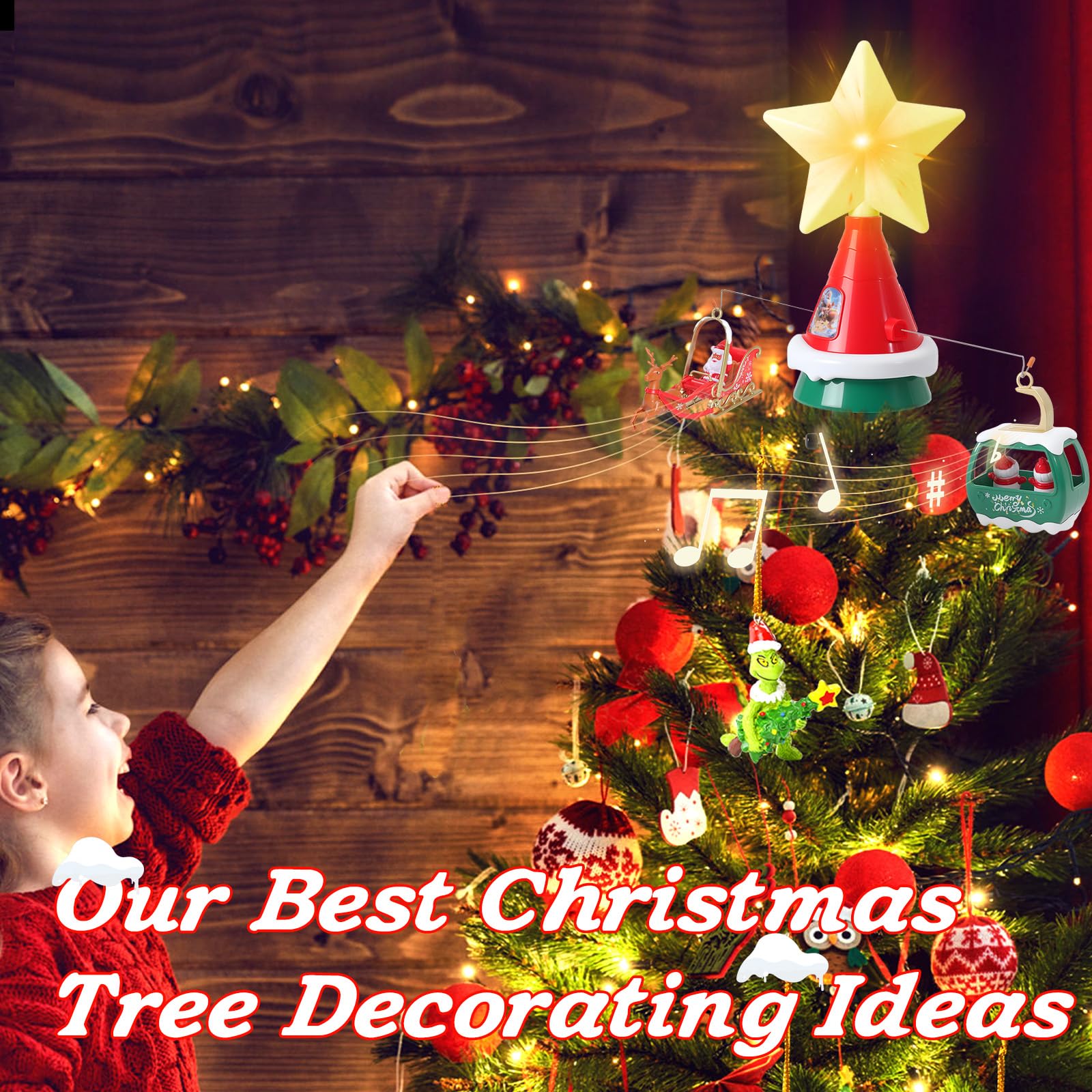Decoración giratoria para árbol de Navidad con estrella LED, trineo de Papá Noel y teleférico, decoración musical alimentada por USB