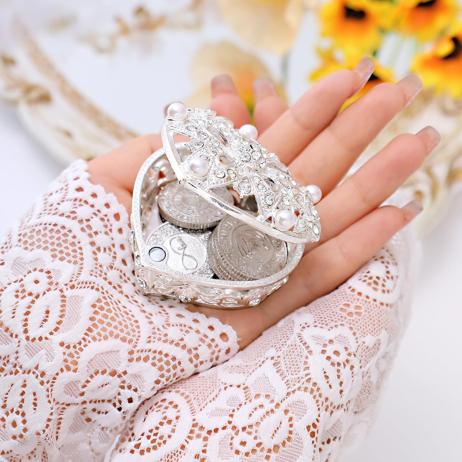 TINGKU 13 pcs English Words Wedding Unity Coins Set with Heart Shaped Box, Arras para Boda Catolica, Arras de Boda Cristiana, Decoracion de Boda for Wedding Ceremony-Silver Coins PL