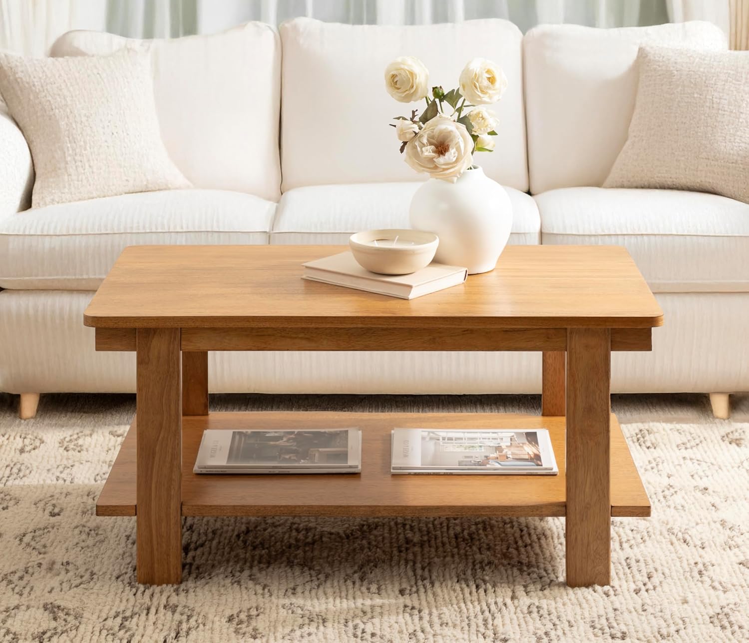 Kate and Laurel Foxford Modern Tiered Rectangle Coffee Table, 36 x 20 x 19, Natural Brown, Transitional Rectangular Two-Tier Living Room Table with Storage Shelf and Resilient Wood Construction