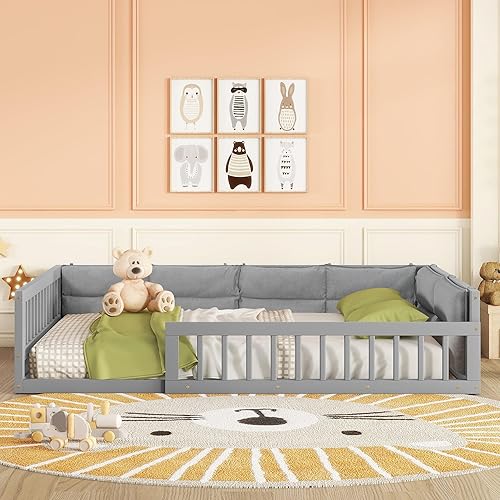 Miniatura 22 de LZ LEISURE ZONE Cama de plataforma de tamaño individual con valla, marco de cama de piso de madera maciza con puerta, marco de sofá cama tamaño