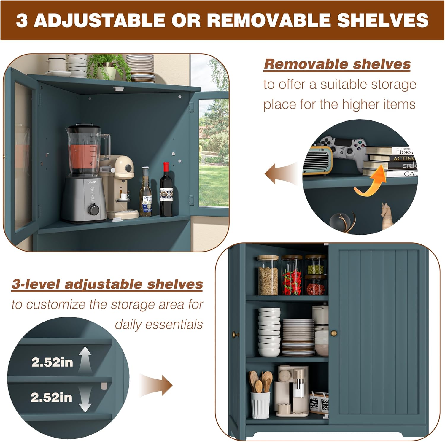 BlueWish 71" Corner Cabinet, Storage Cabinet with Glass Doors and Shelves, Corner Kitchen Cabinets, Hutch Cabinets for Display Living Room Office Bathroom, Dark Teal