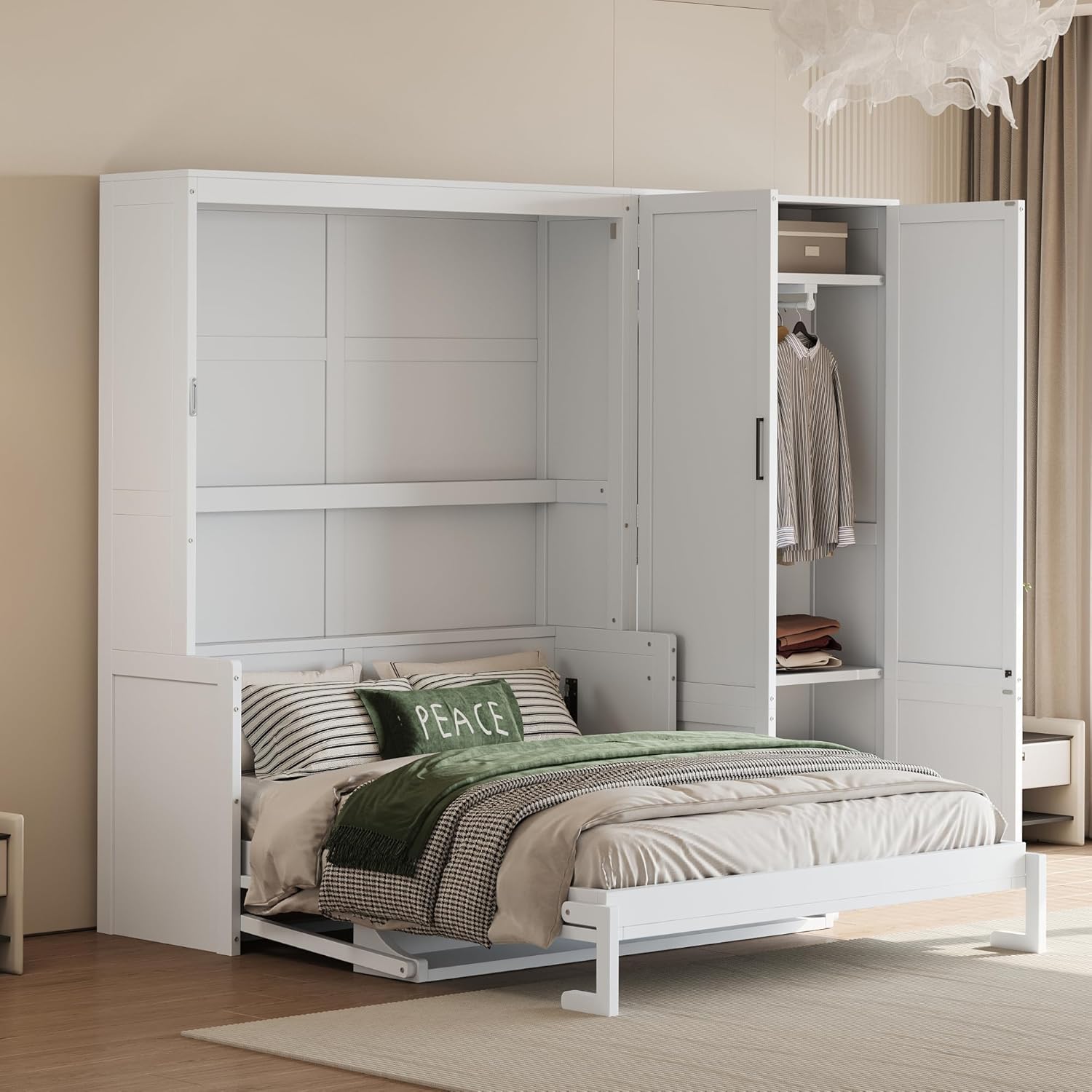 Ball & Cast Murphy Bed Queen Size Wall Bed with Built-in Wardrobe Storage and Hydraulic Lift System,Wood Hideaway Cabinet Platform Bedframe w/Slat Support & Lock,can be Folded,for Small Room,White