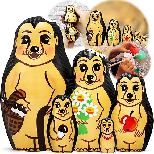 Muñecas de anidación erizos Juguetes Set 5 piezas - Erizos Figuras de animales pintadas a mano - Madera rusa Matryoshka