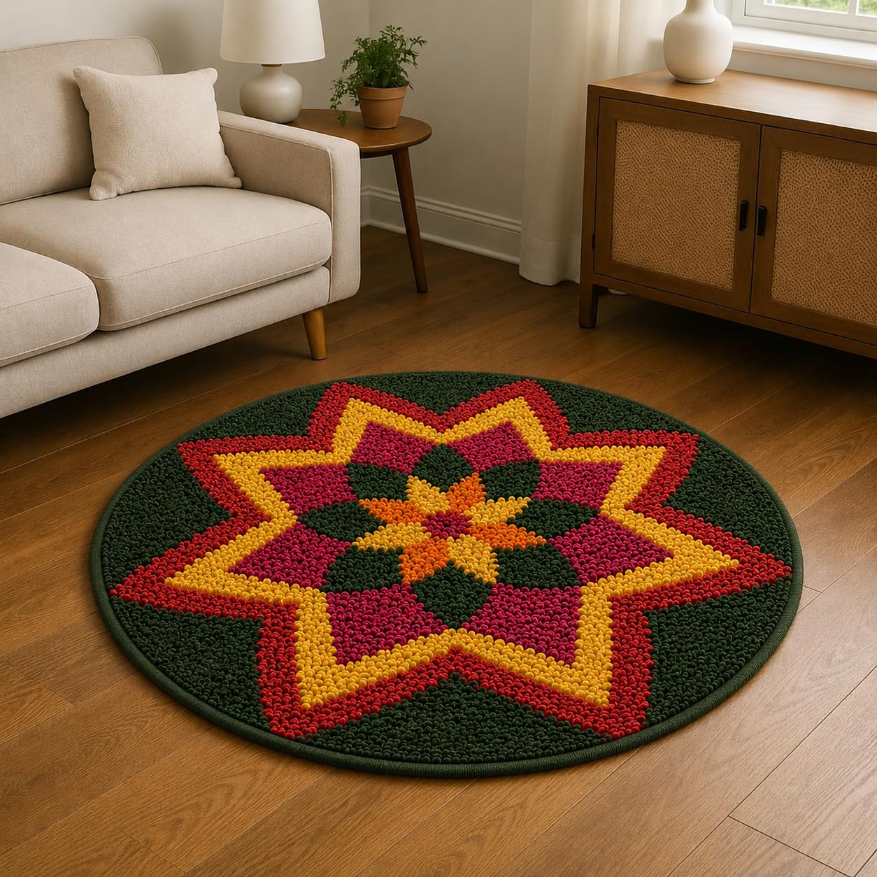 Traditional & Modern Round Rangoli Microfiber Antiskid Door Mat for Home Entrance, Living Room & Pooja Room Decoration.-image-49