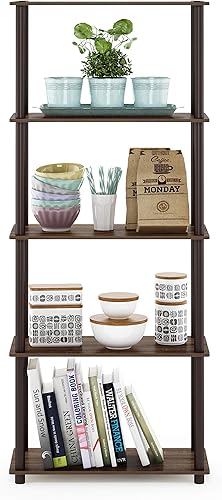 Miniatura 5 de Furinno Turn-N-Tube - Estantería multiusos de 5 niveles, estantería para exhibición, almacenamiento o libros, de tubos redondos, color nogal y marrón