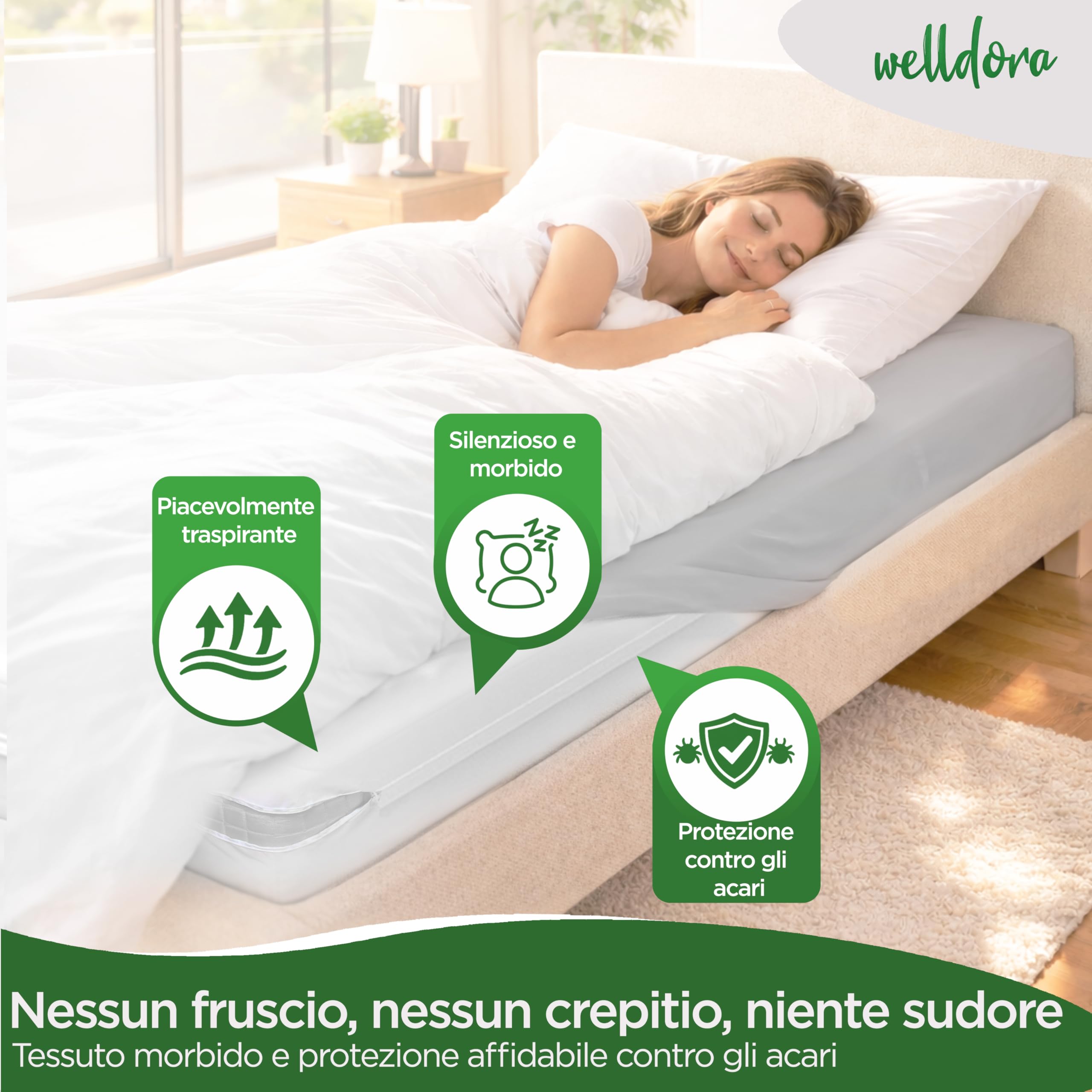 Welldora Coprimaterasso Antiacaro Premium 160 x 200 x 20 cm – Copri Materasso Antiacaro Anallergico Testato - Rivestimento con Cerniera - Biancheria da Letto Anallergica
