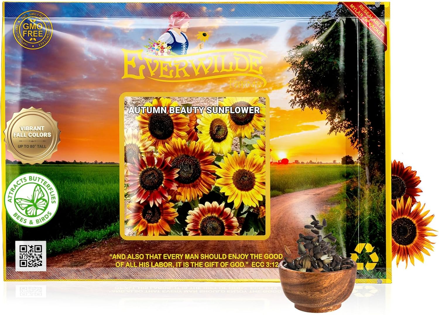 Everwilde Autumn Beauty Sunflower Seeds 1 lb – Rustic Red, Yellow & Orange Blooms – Tall Annual Flowers – Easy to Grow – Great for Gardens, Bouquets & Pollinator Habitats – Gold Vault Packet