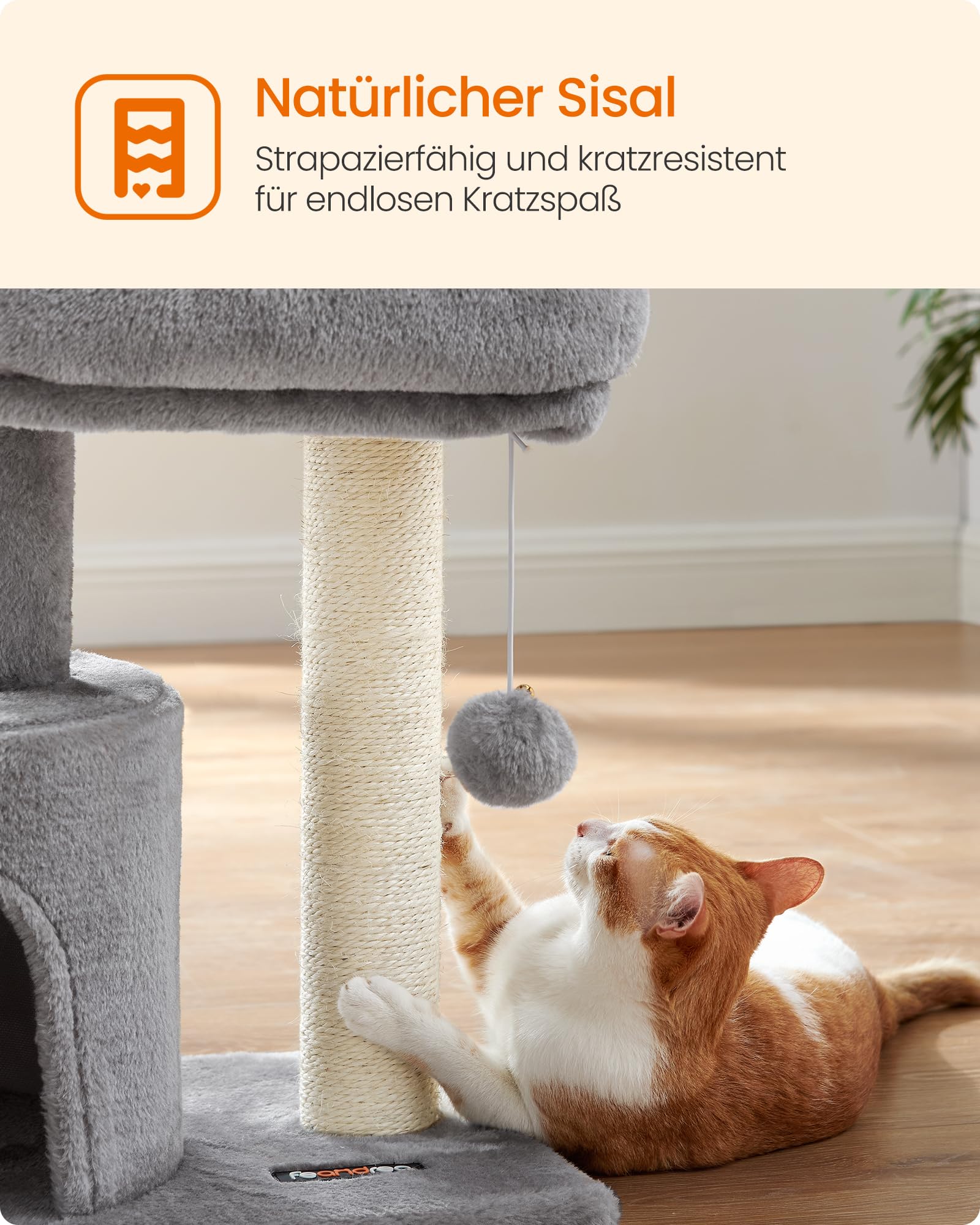 Feandrea Kratzbaum klein, Katzenbaum mit Sisalstamm, Katzenkratzbaum mit gepolsterter Plattforme, für Kätzchen, hellgrau PCT50W