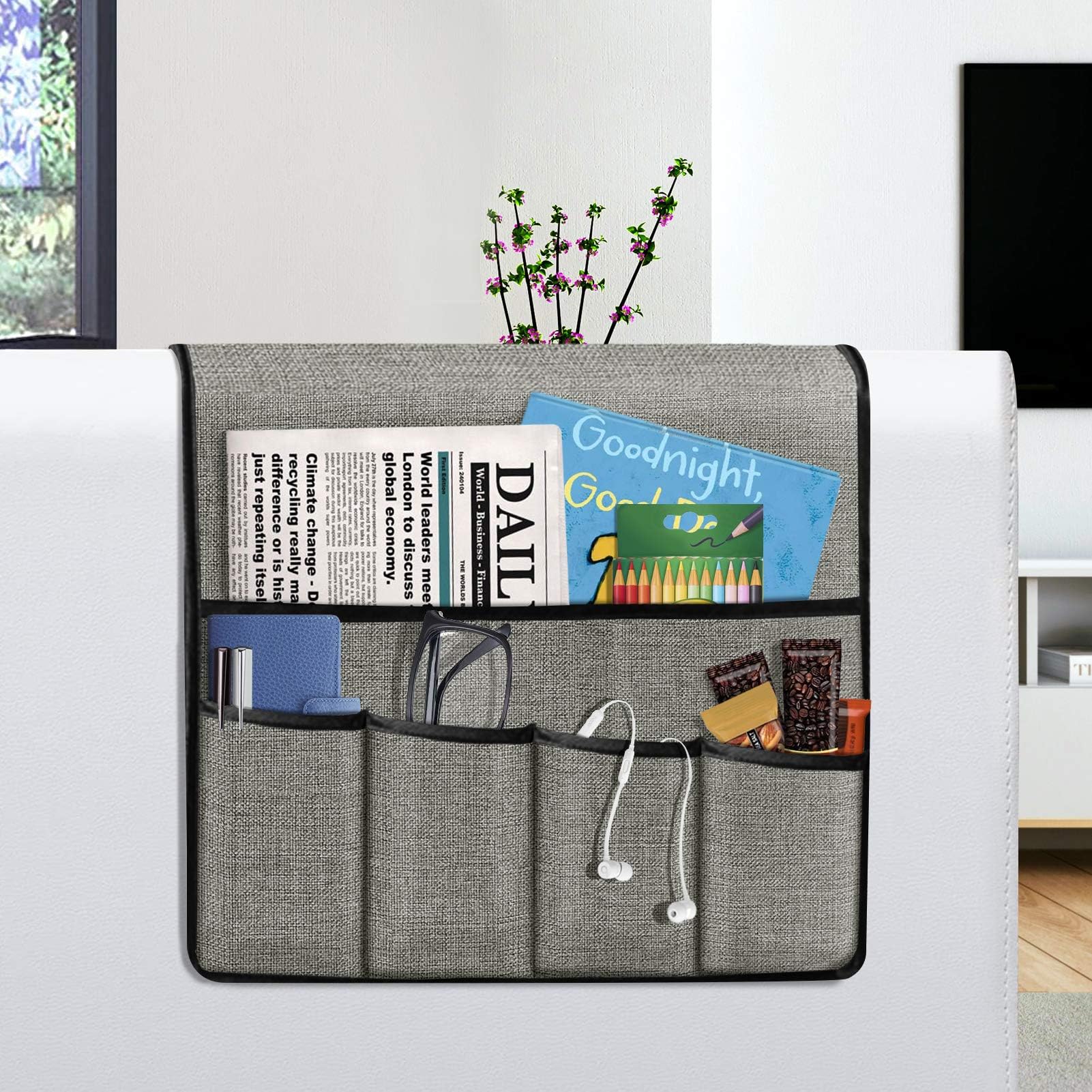 Guken Armrest Organizer Armchair Caddy Remote Control Holder Non-Slip Sofa Couch Recliner Caddy Arm Chair Organizer Bag with 5 Pockets for Phone, Magazines, Ipad, TV Remotes, 13'' x 35'', Light Grey