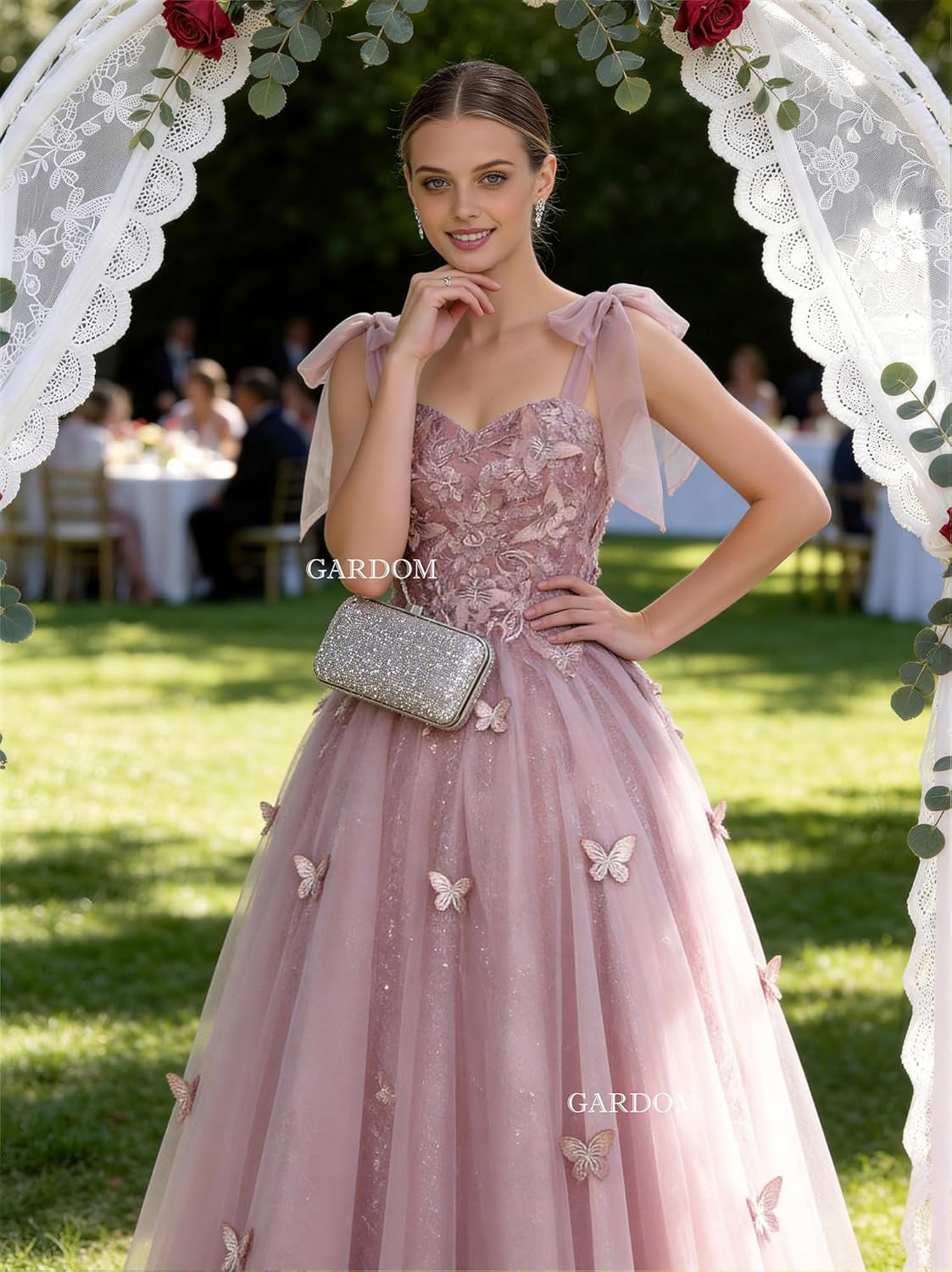 GARDOM Sparkly Tulle Prom Dresses for Teens 2026 3D Butterfly Long Ball Gowns Corset Quinceanera Dresses with Bow Strap