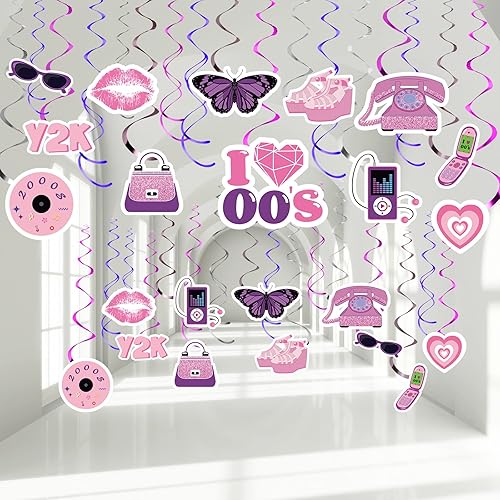 Nezyo 53 remolinos colgantes Y2K de los años 2000, decoración de remolinos colgantes en espiral rosa de los años 2000 I Love 00, remolinos de techo