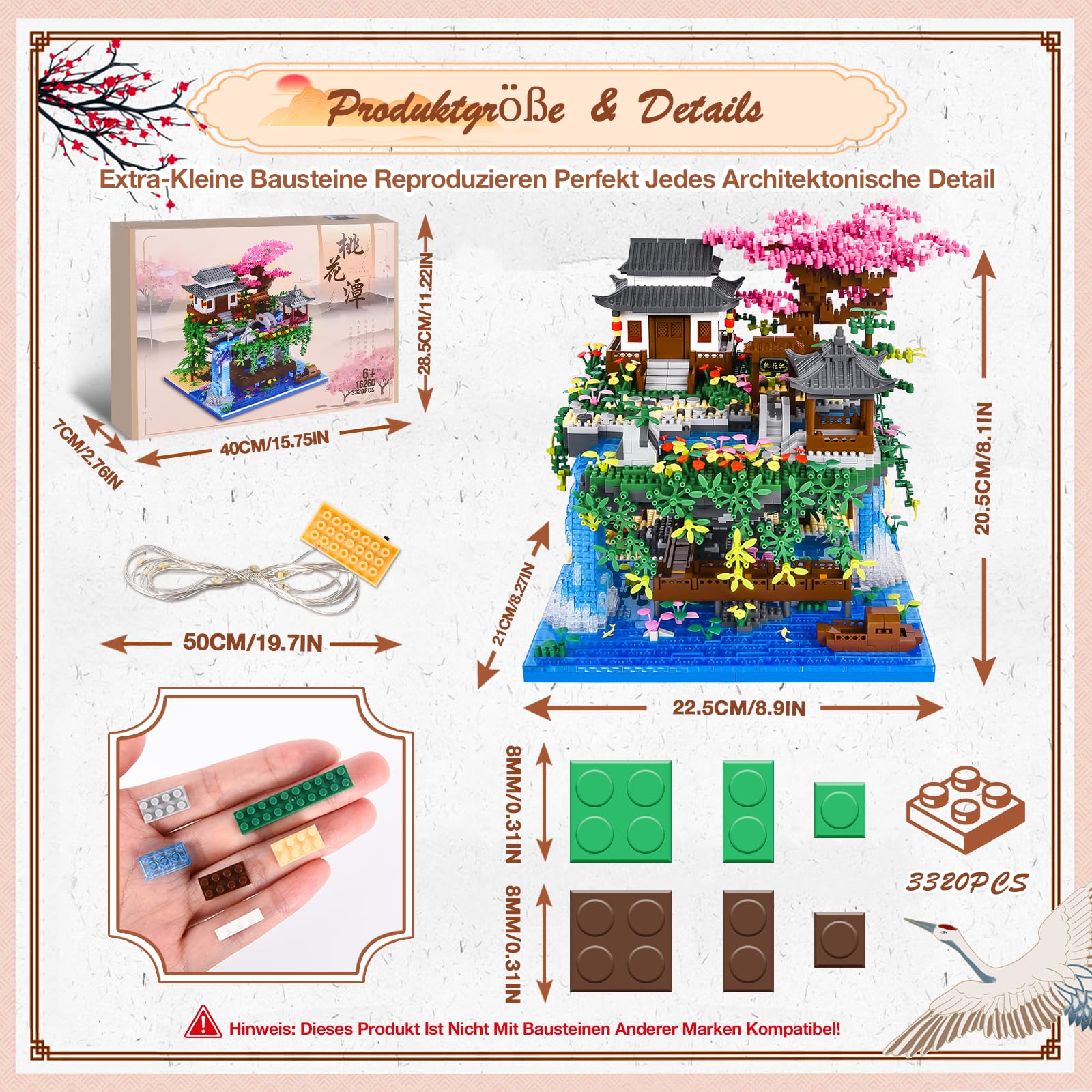 Charmofun 3320PCS Micro Bausteine, Klemmbausteine Haus mit LED, Botanical Garten-Set für Erwachsene mit Pfirsichblüten, Architecture Creative Geschenk Weihnachten für Frauen und Männer